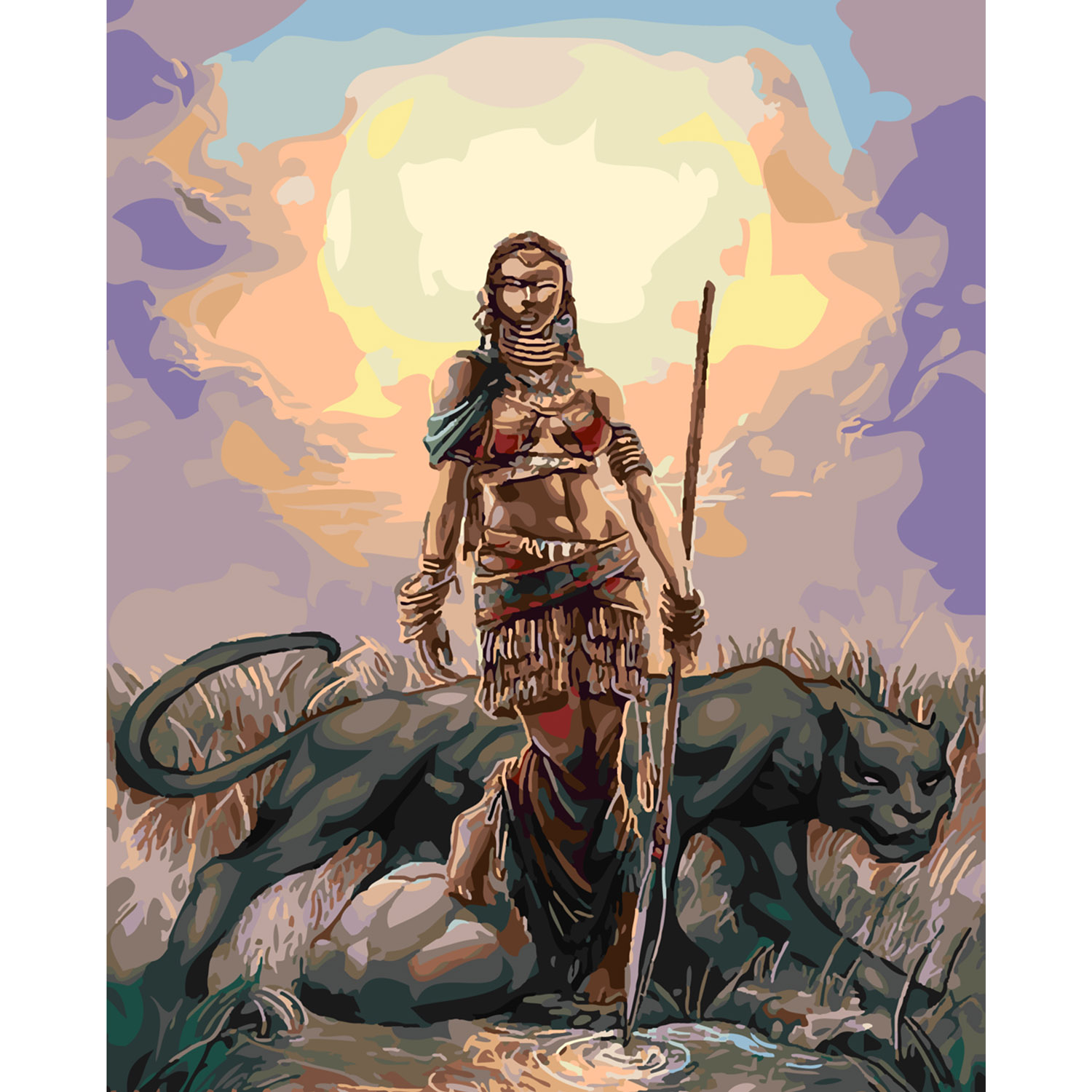 Картина за номерами ПРЕМІУМ Мисливиця з пантерою з лаком