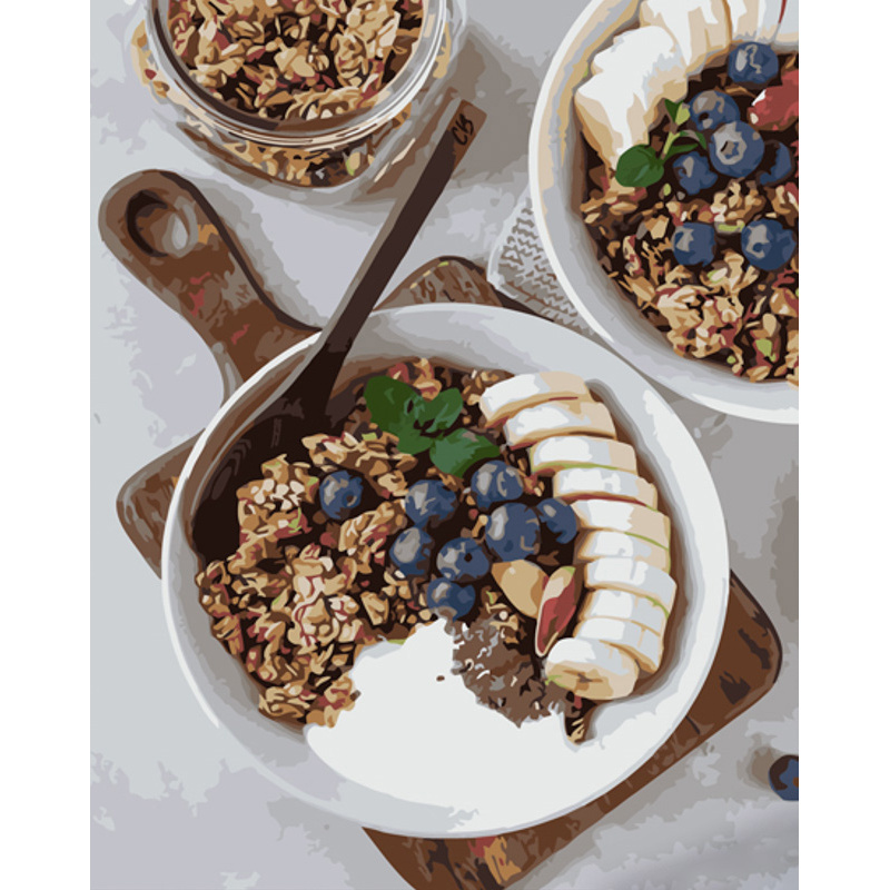 Картина за номерами ПРЕМІУМ Вівсянка з фруктами з лаком