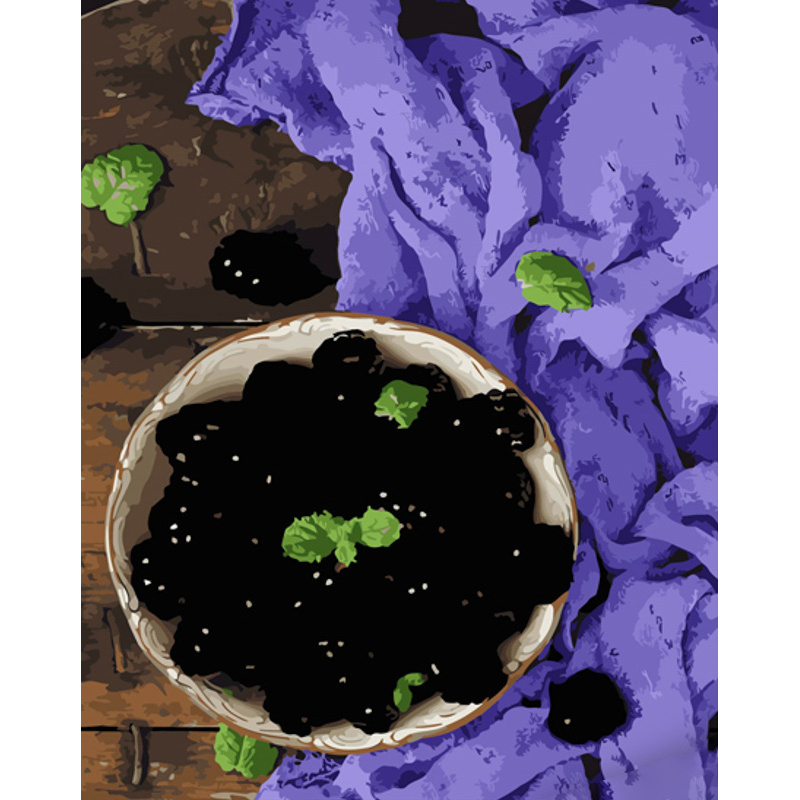 Картина за номерами ПРЕМІУМ Тарілка з шовковицею з лаком та з рівнем