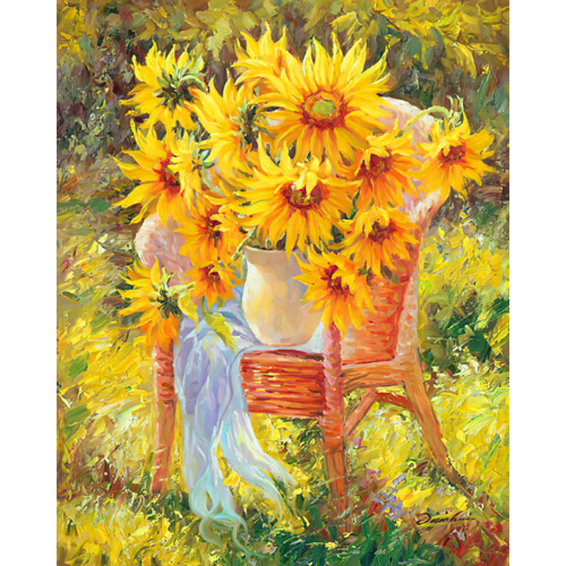 Still life of sunflowers on a chair, without a subframe