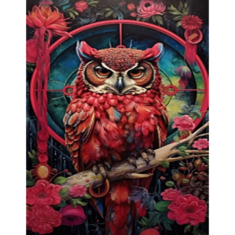 Алмазна мозаїка ПРЕМІУМ Сова у квітах без підрамника