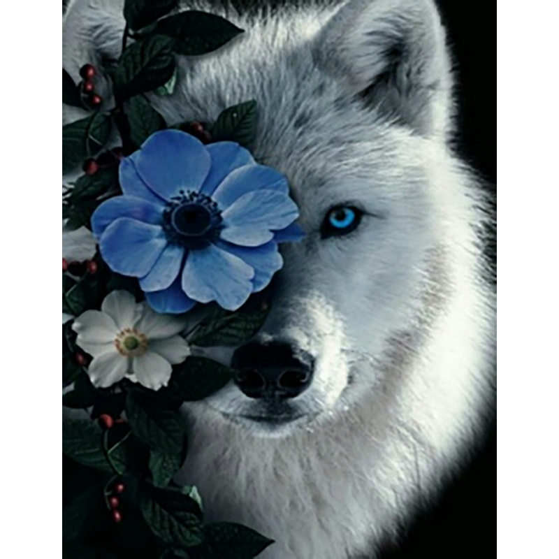 Diamond mosaic White wolf in flowers without a subframe