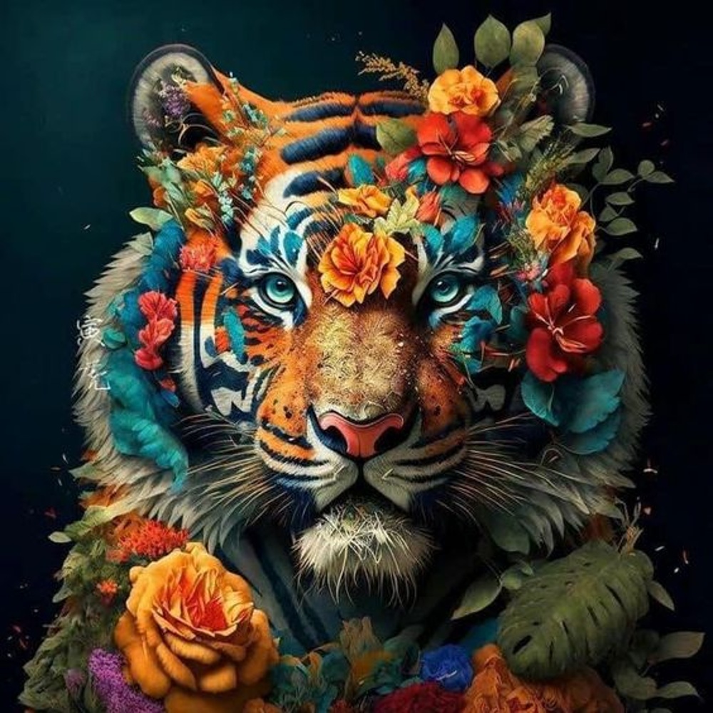 Bright tiger in flowers on a black background