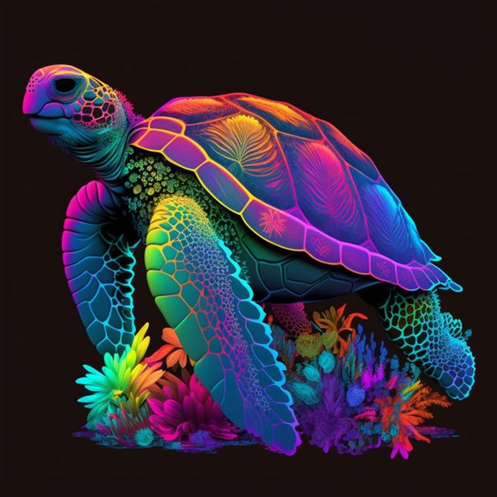 Turtle in neon colors on a black background,