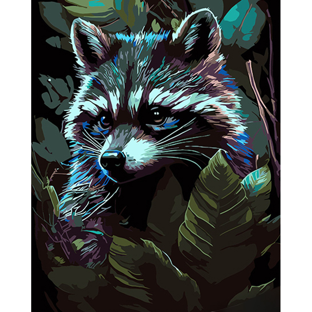 Картина за номерами ПРЕМІУМ Єнот серед лісу на чорному фоні
