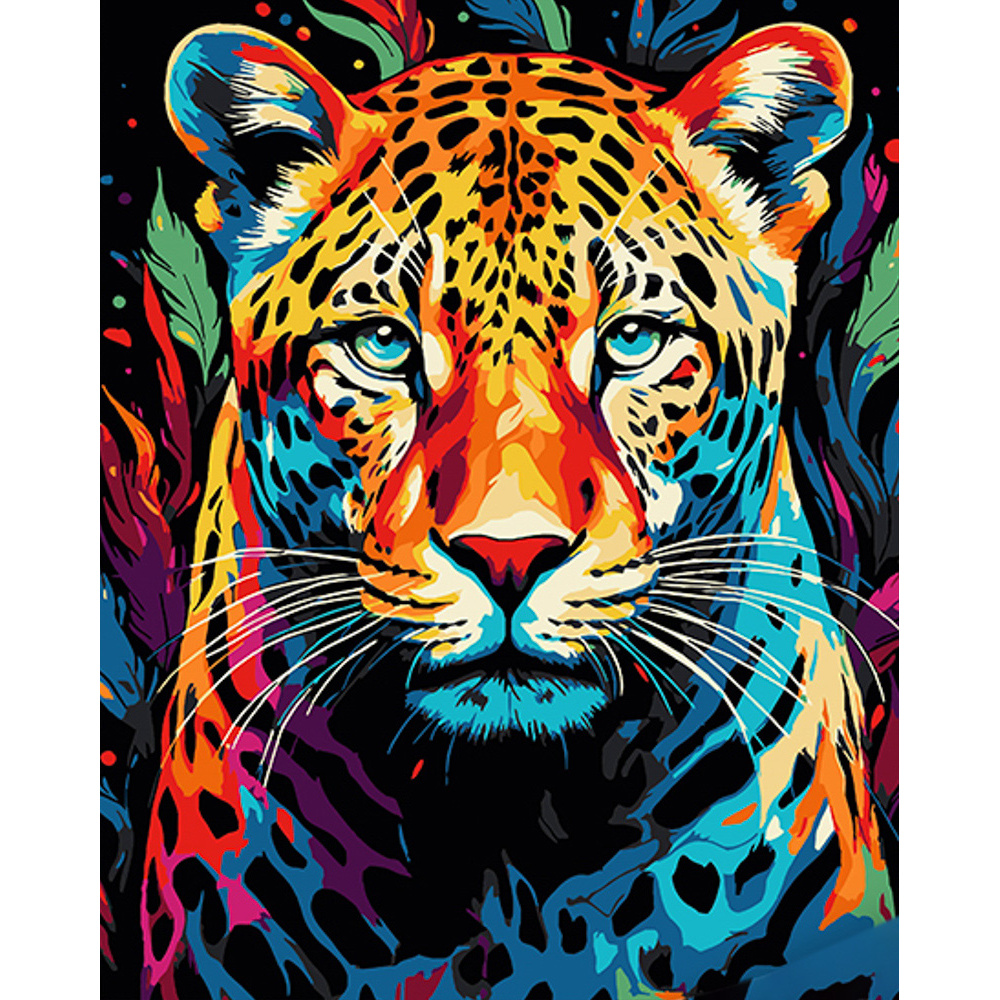 Картина за номерами ПРЕМІУМ Райдужний леопард на чорному фоні