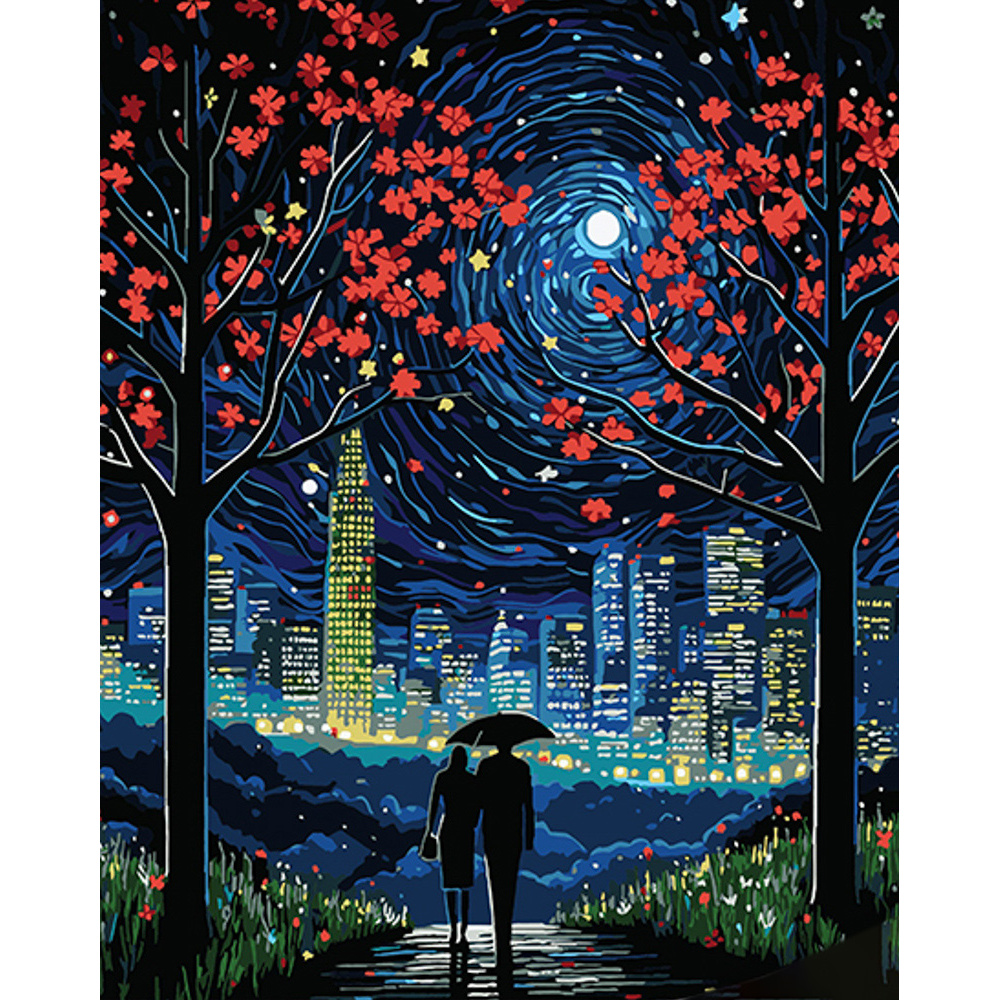 Картина за номерами ПРЕМІУМ Нічне місто під час дощу на чорному фоні