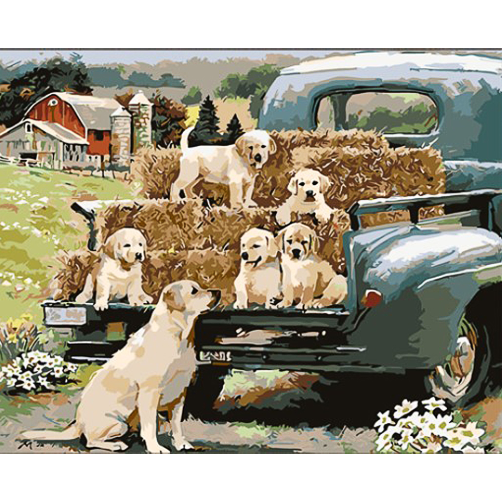Dog family on a farm on a colored background size