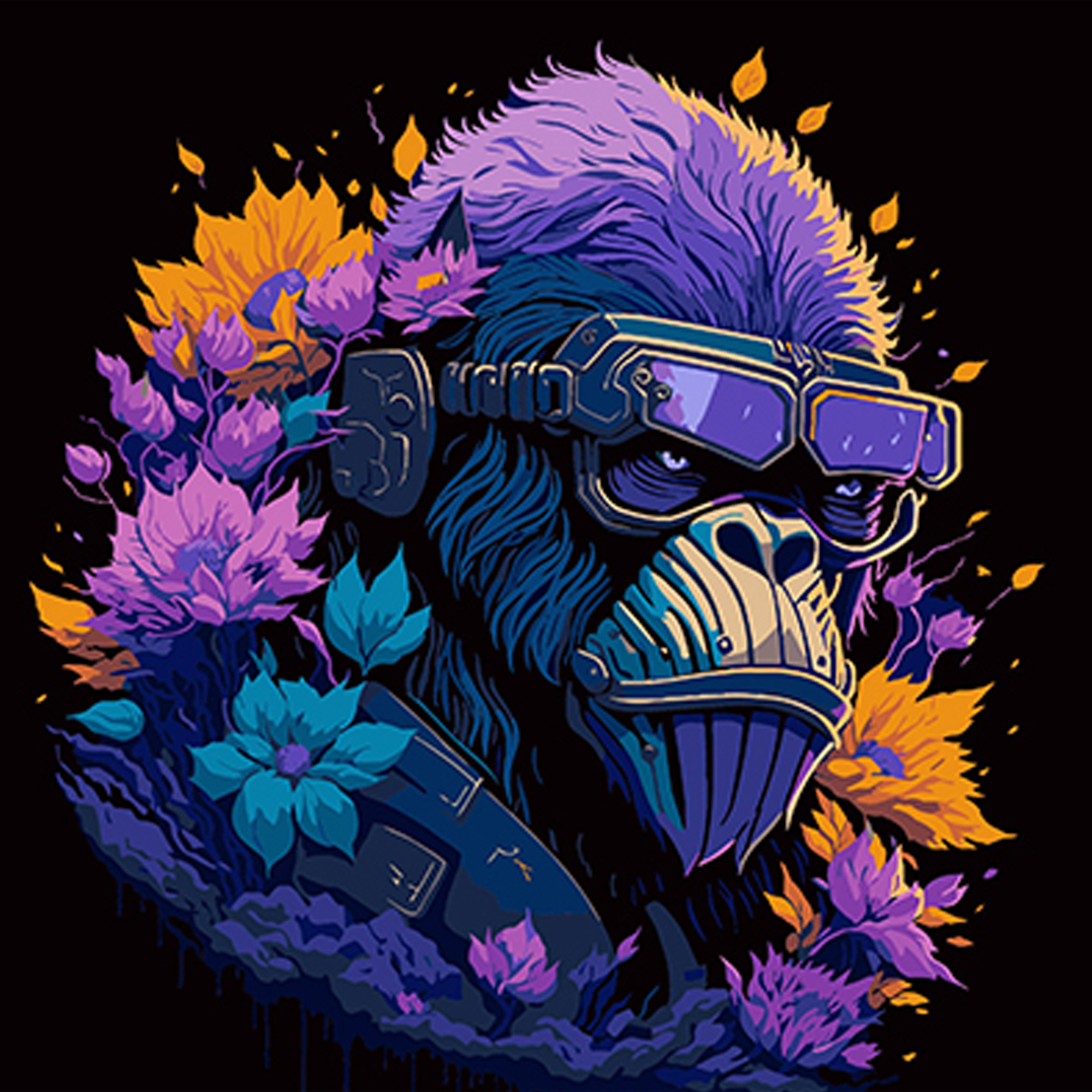 Картина по номерам ПРЕМИУМ Горилла в очках и цветочной красоте на черном фоне