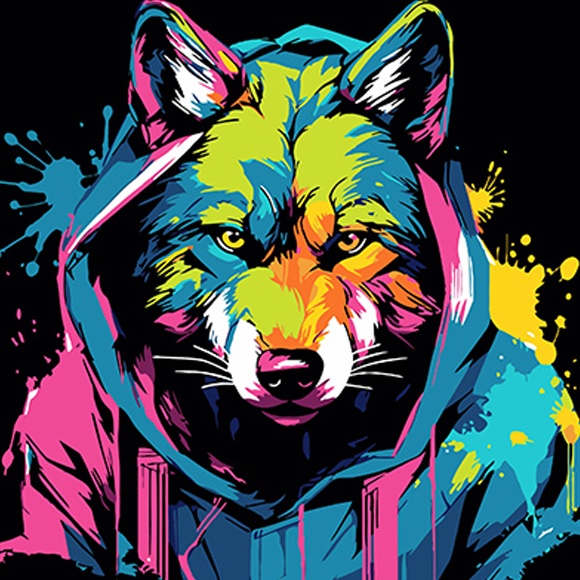 Helles Bild eines Wolfes auf schwarzem Hintergrund,