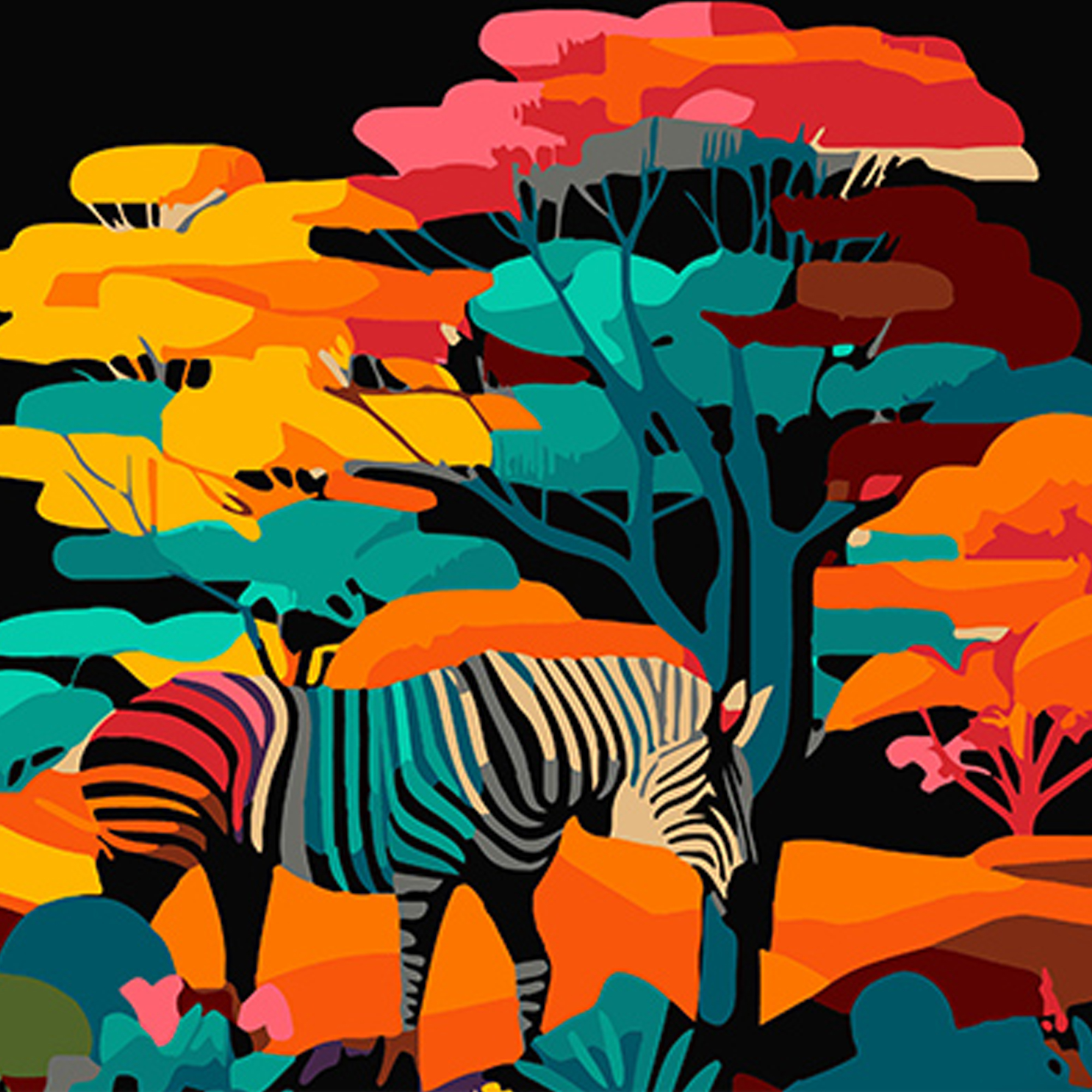 Картина за номерами ПРЕМІУМ Зебра на тлі природи на чорному фоні