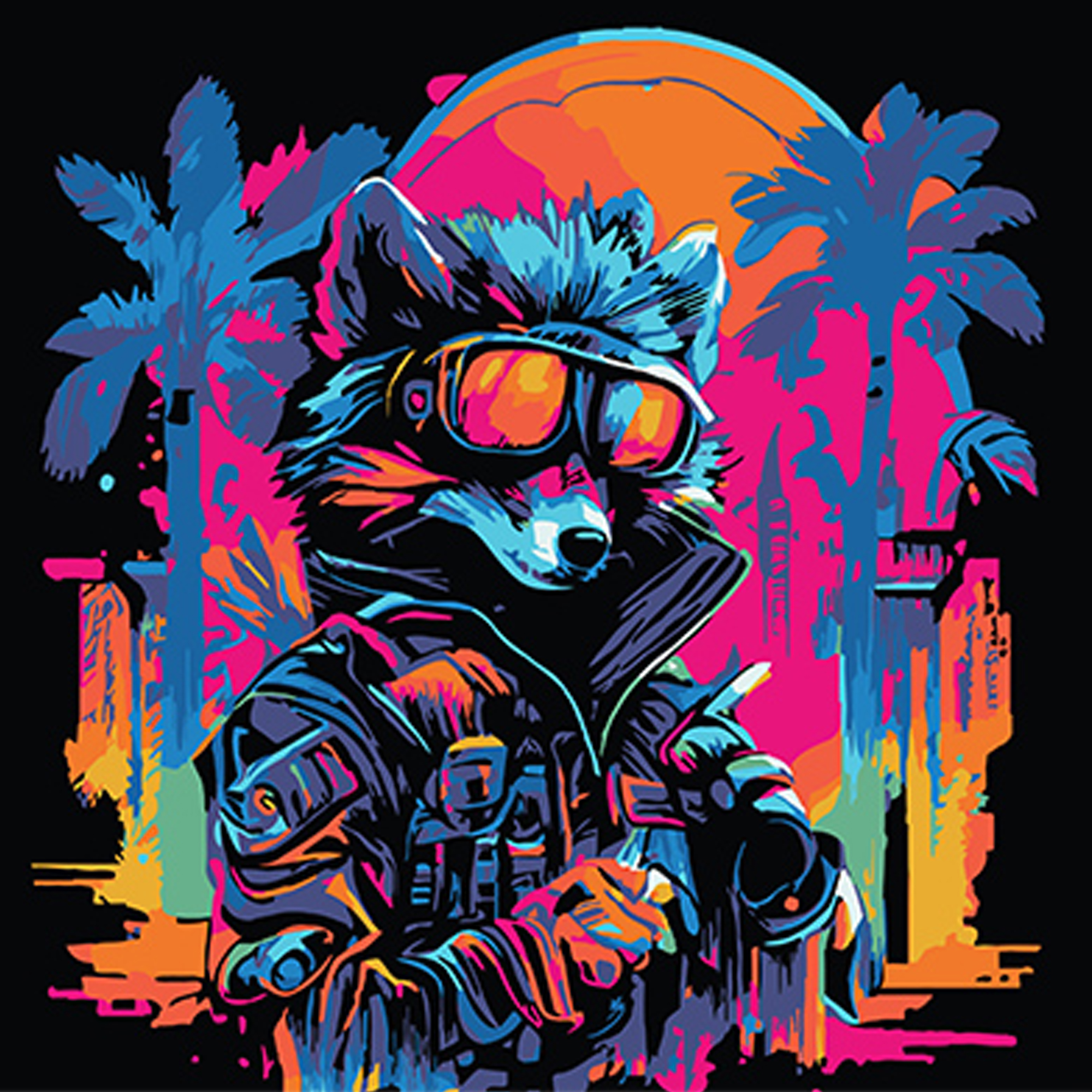 Waschbär in modischer Brille auf schwarzem Hintergrund,