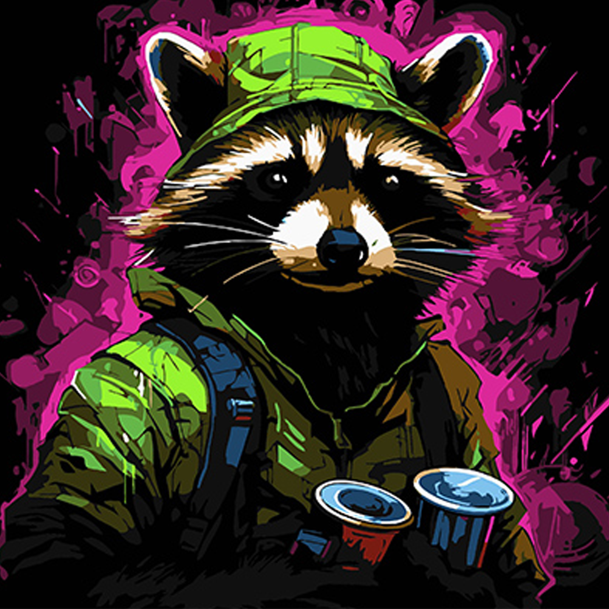 Reisender Waschbär auf schwarzem Hintergrund,