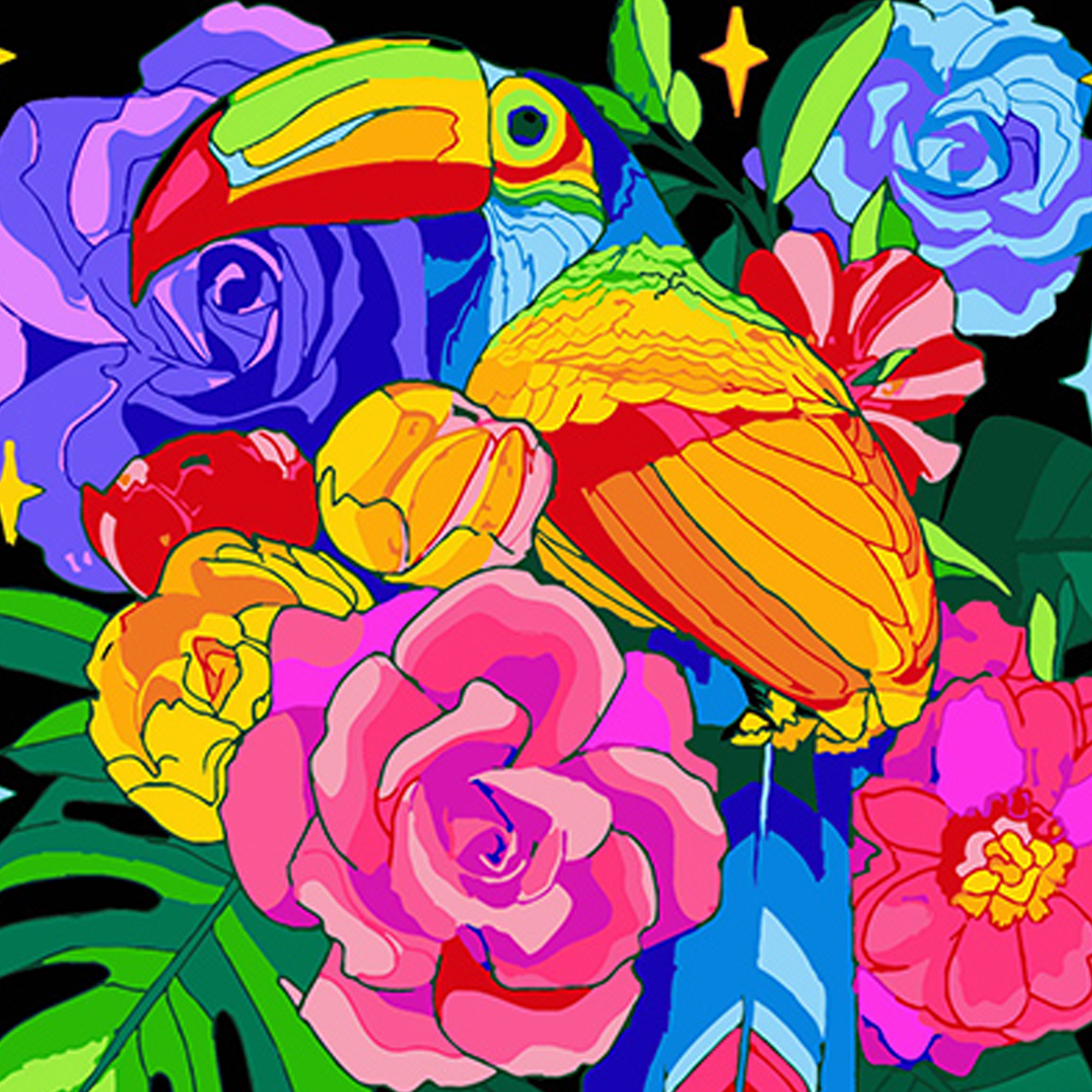 Tukan und Blumenreichtum auf schwarzem Hintergrund, 40 x 40 cm (AV4040-69)