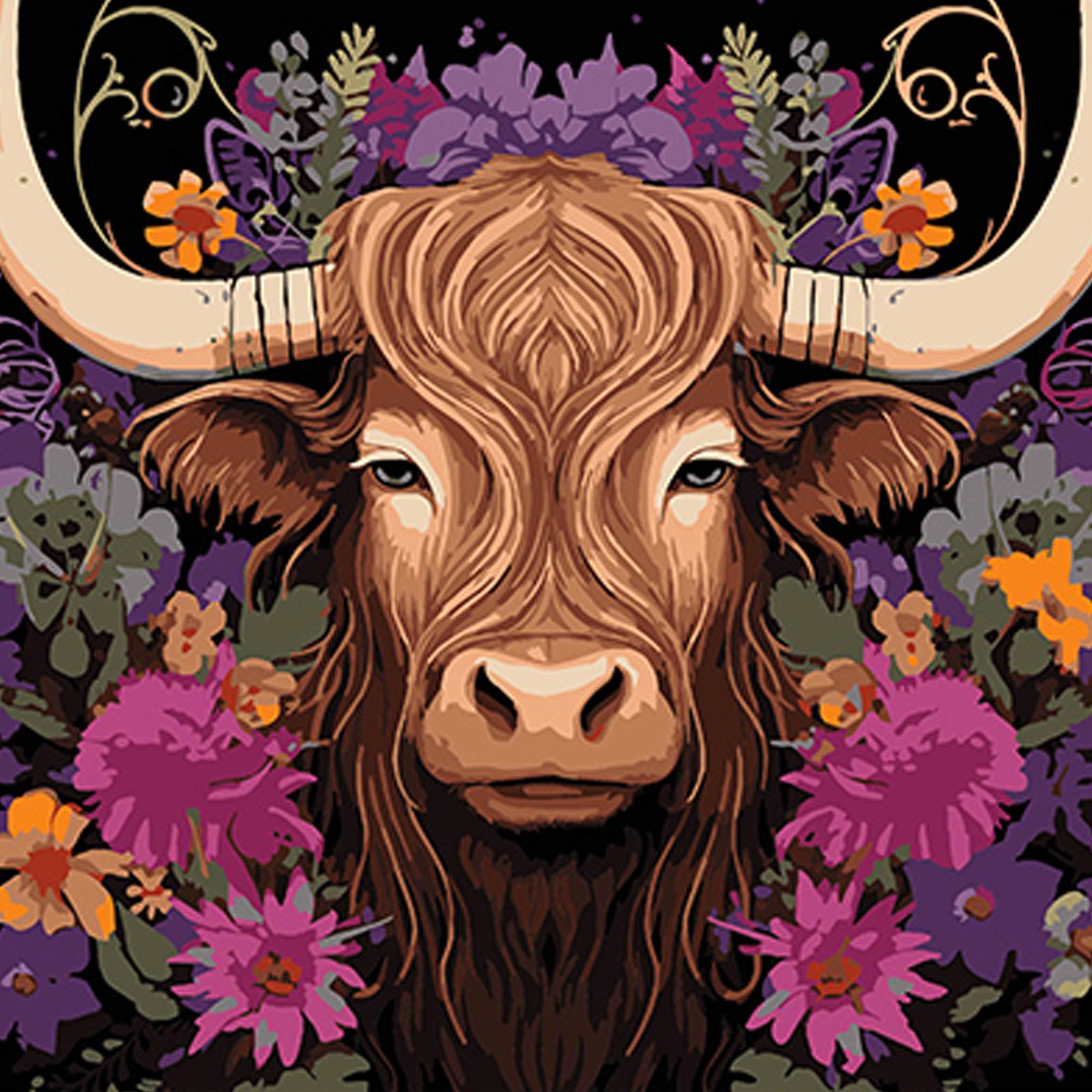 Kuh in floraler Schönheit auf schwarzem Hintergrund,