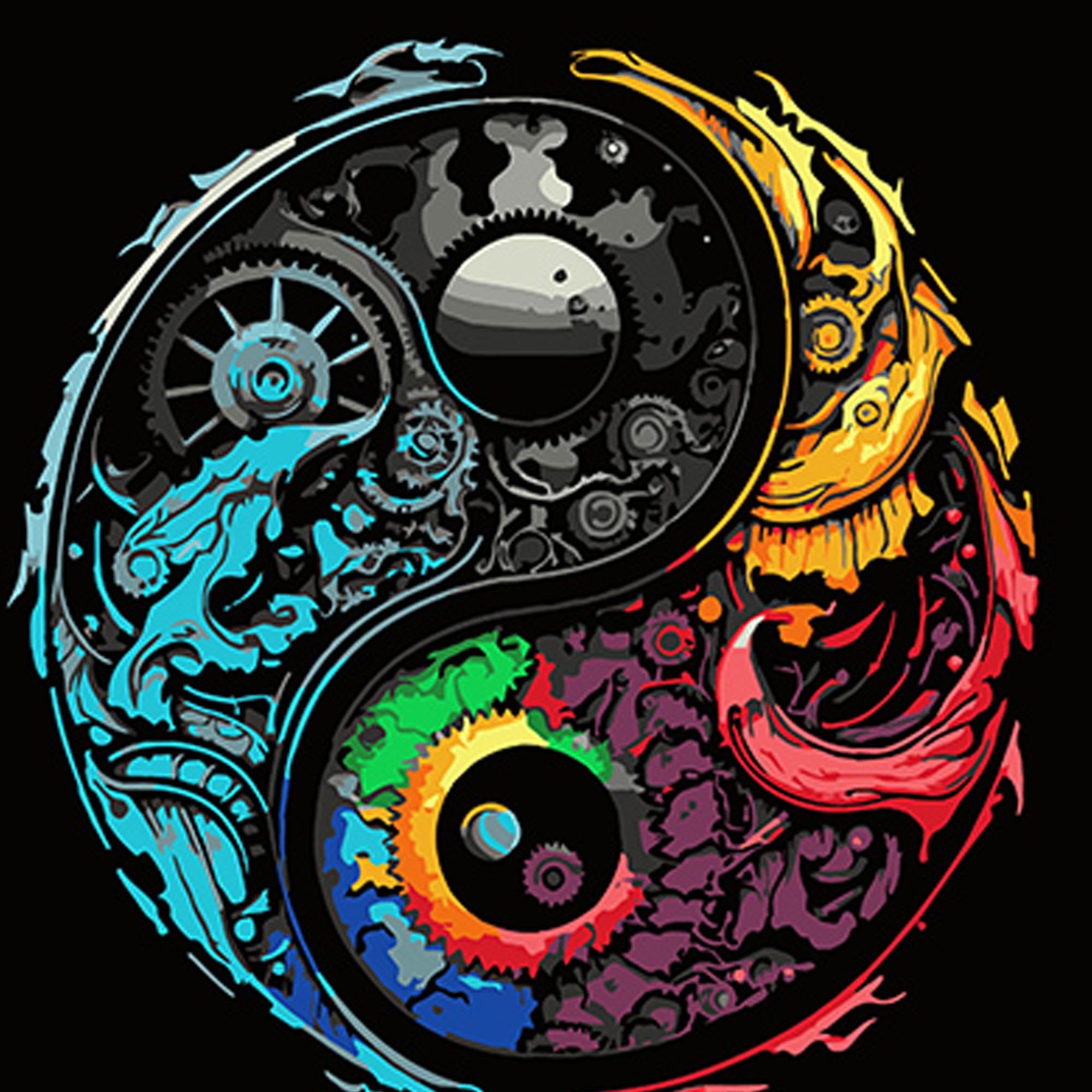 Buntes Yin-Yang-Symbol auf schwarzem Hintergrund, 40 x 40 cm (AV4040-76)