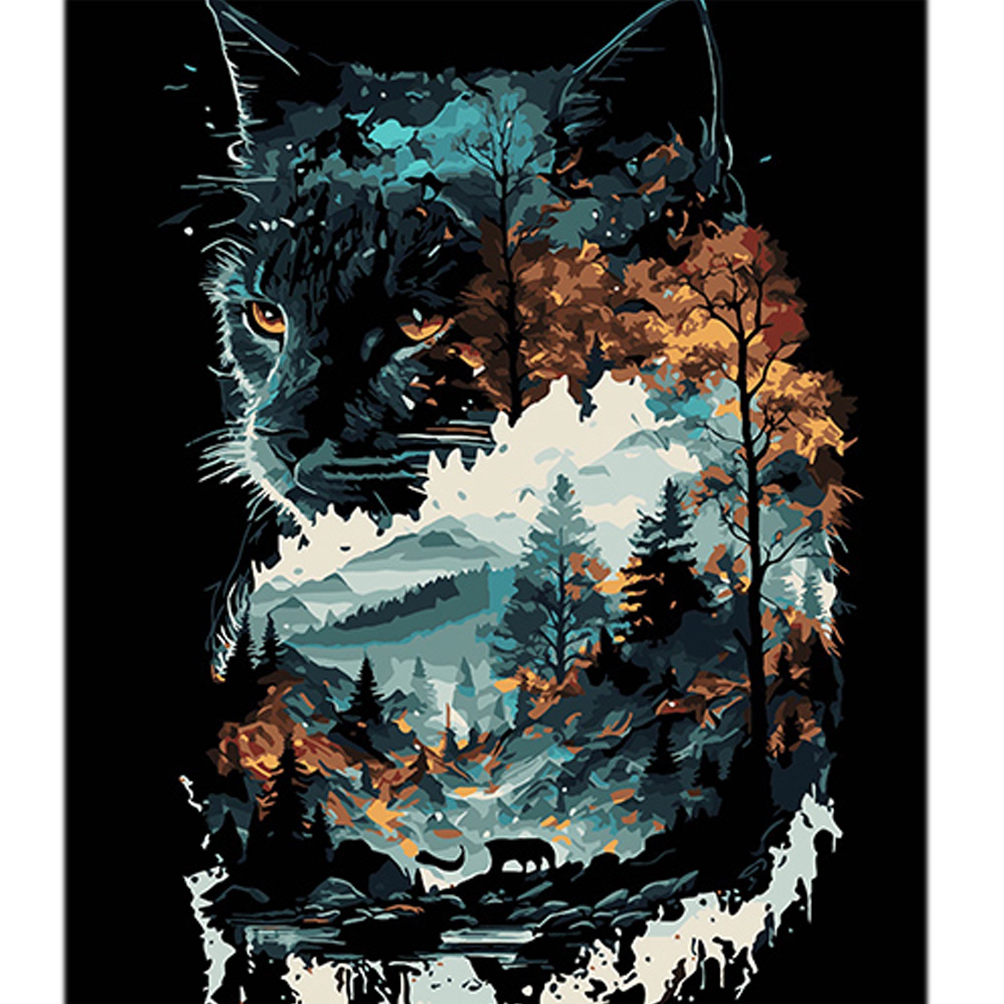 Картина за номерами ПРЕМІУМ Кішка в подвійній експозиції на чорному фоні