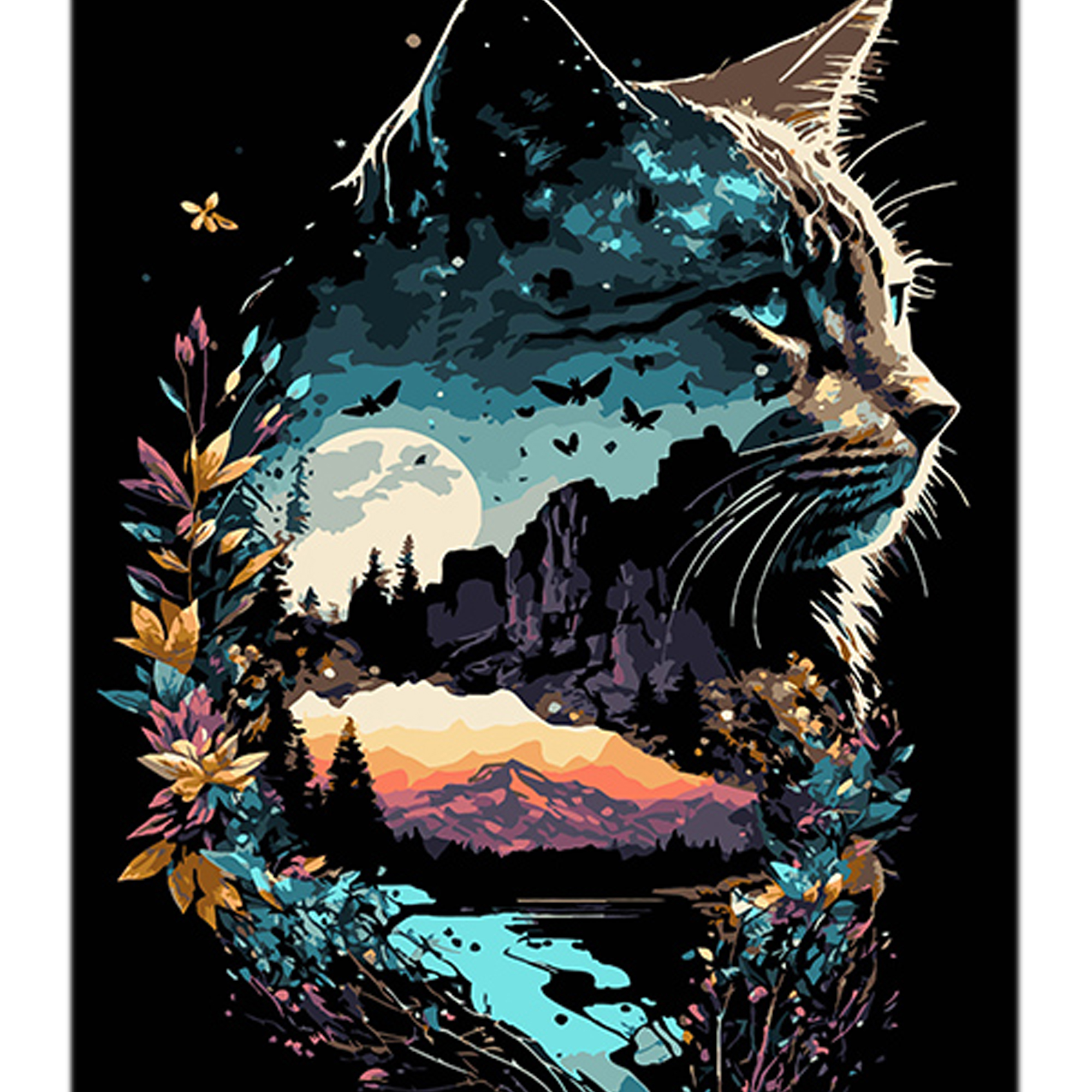 Картина по номерам Кошачье отражение природы на черном фоне