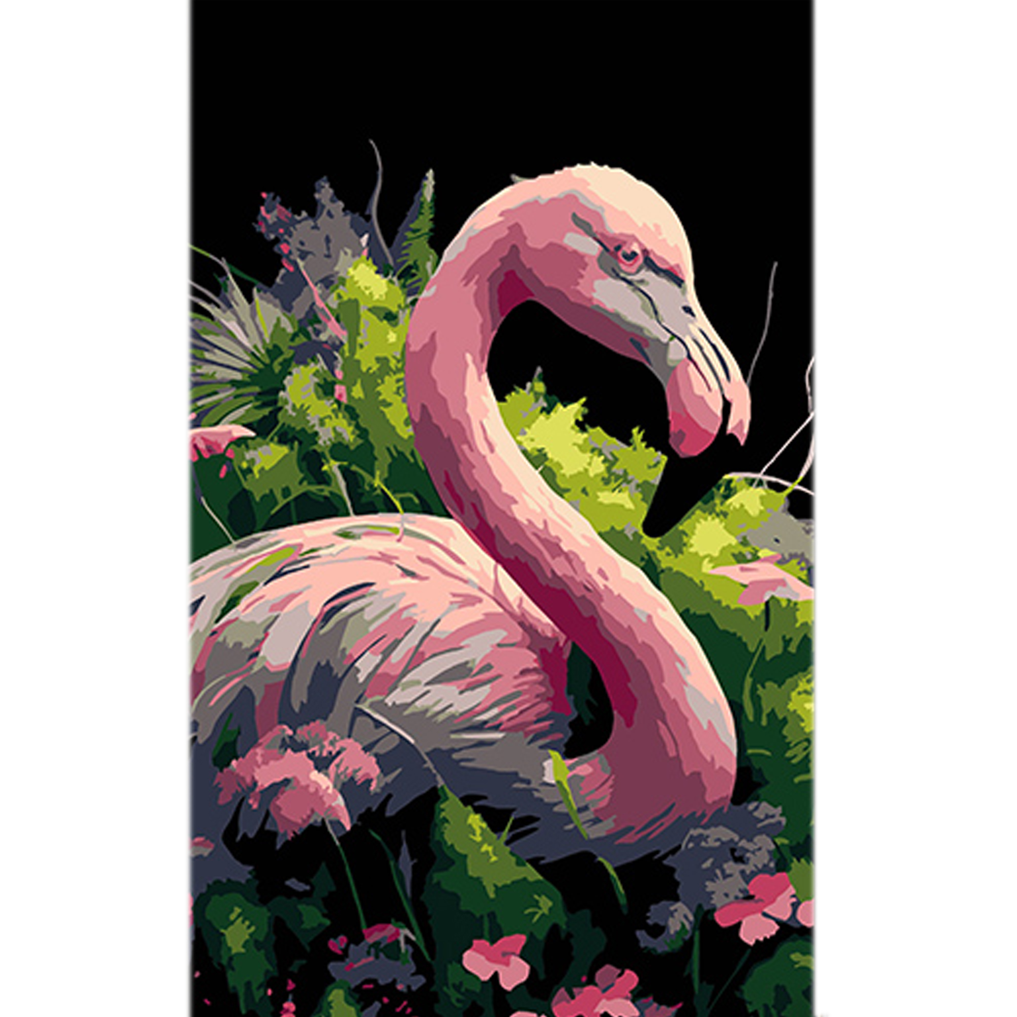 Картина за номерами ПРЕМІУМ Фламінго в океані кольорів на чорному фоні