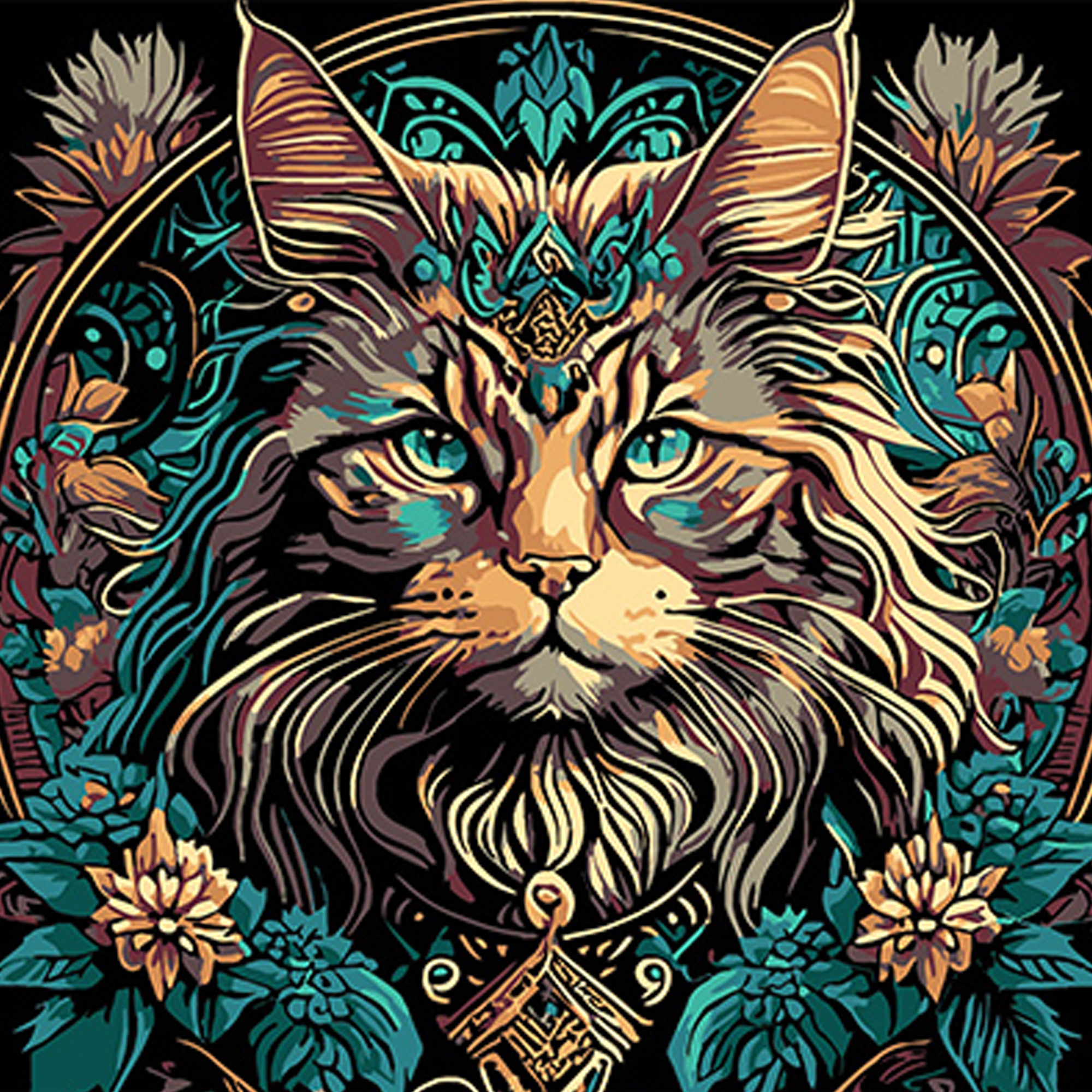 Картина за номерами ПРЕМІУМ Магія кота та квітів на чорному фоні