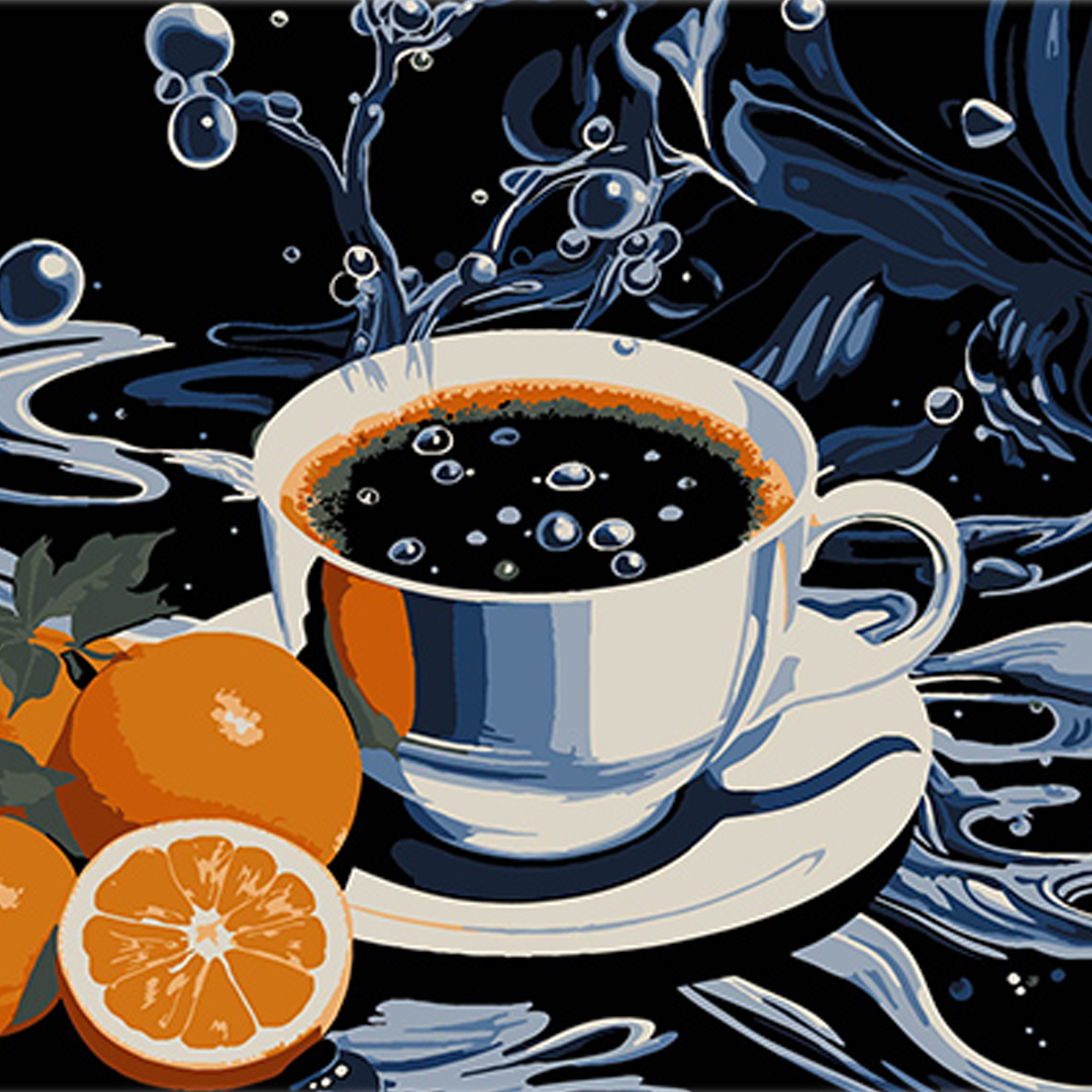 Картина за номерами ПРЕМІУМ Кава з цитрусовими нотками на чорному фоні