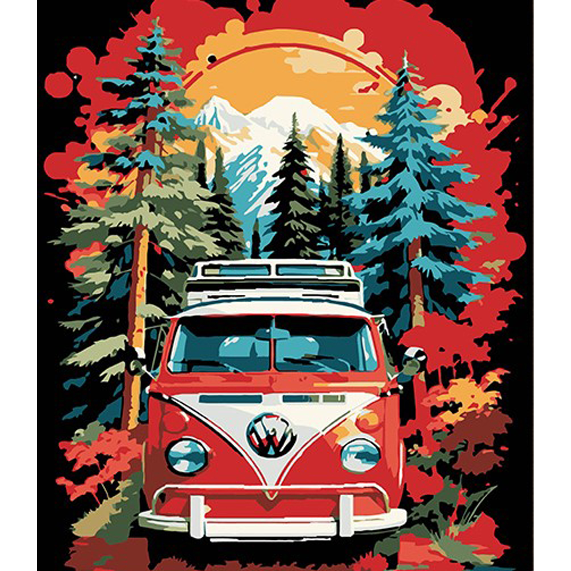 Картина за номерами ПРЕМІУМ Фольксваген бус в лісовій гущавині на чорному фоні