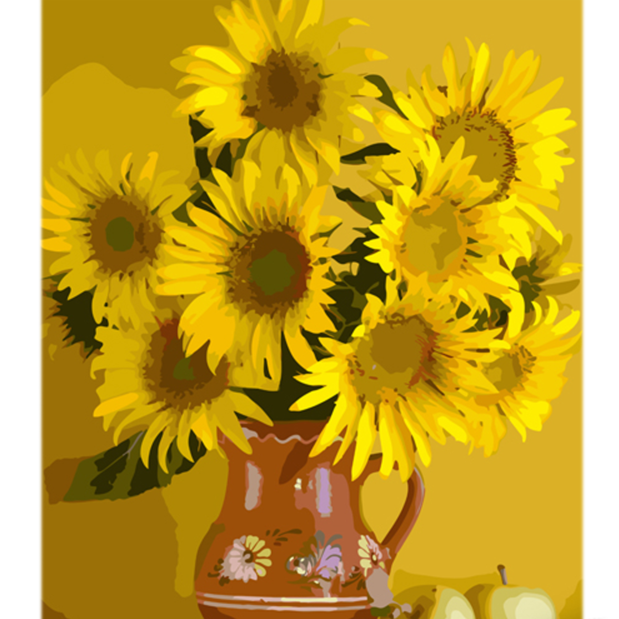 Картина за номерами Соняшники у глиняному глечику на кольоровому фоні