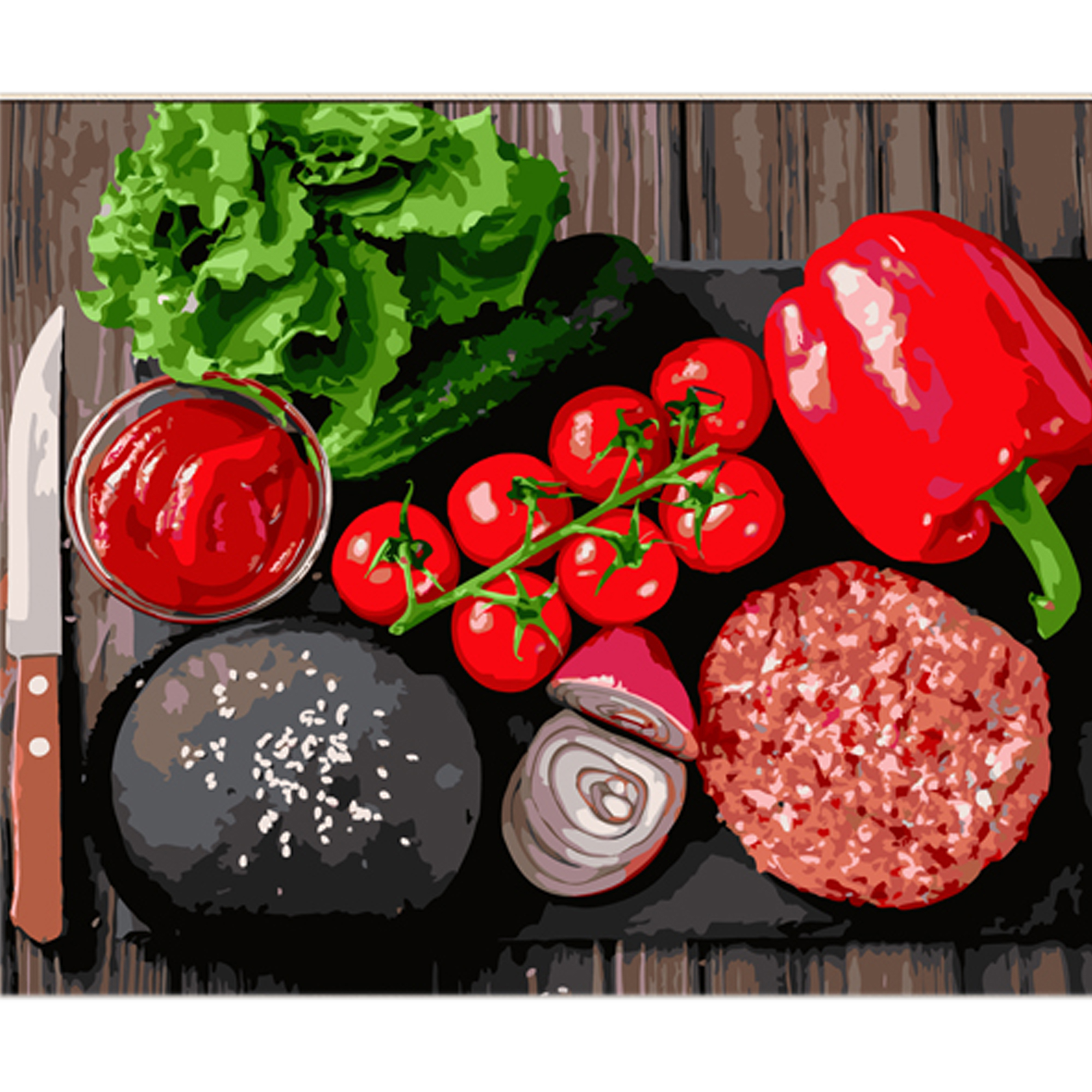 Картина за номерами Овочевий асортимент на кольоровому фоні