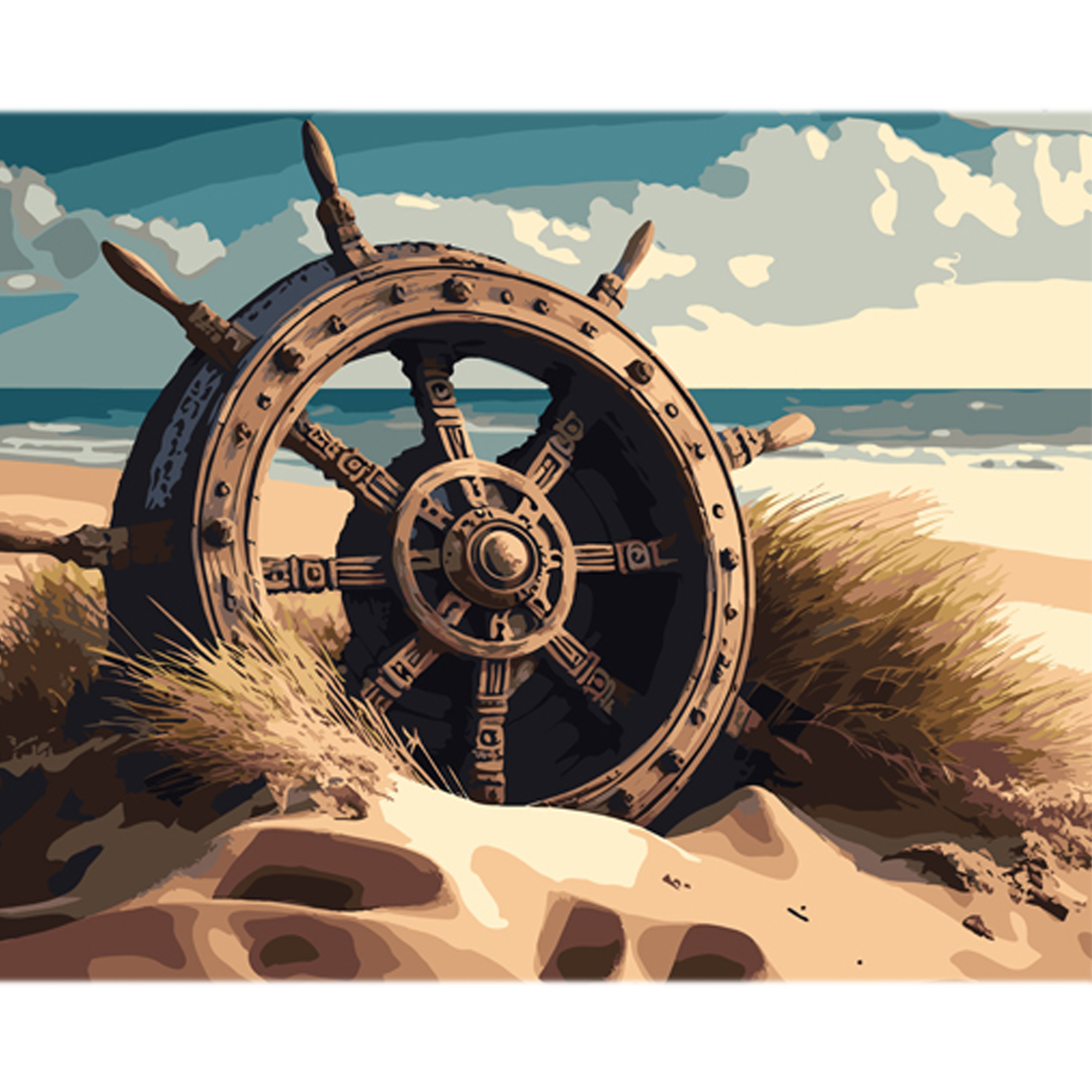 Картина за номерами Морський штурвал на пляжі на кольоровому фоні