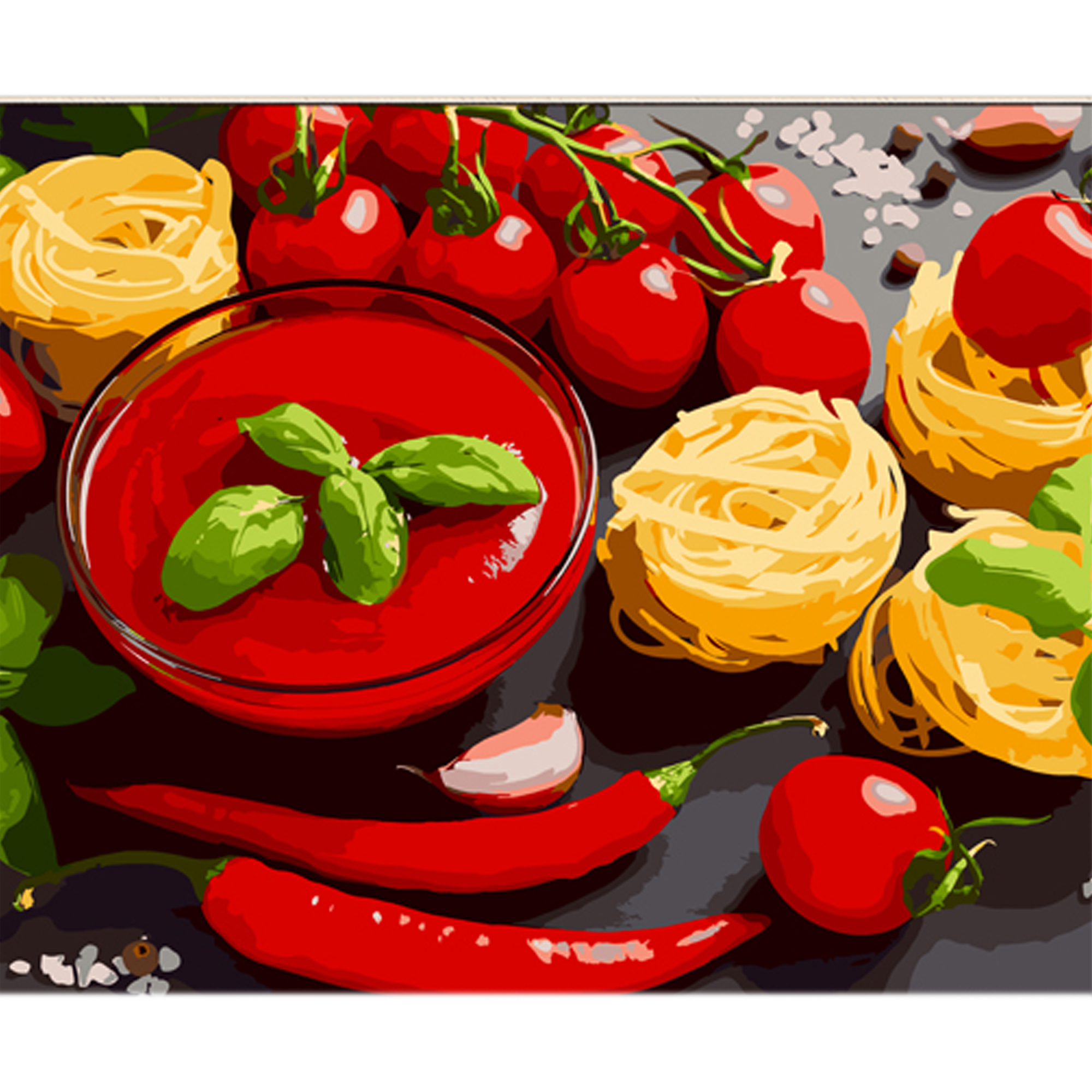 Картина за номерами Паста з чилі та томатами на кольоровому фоні