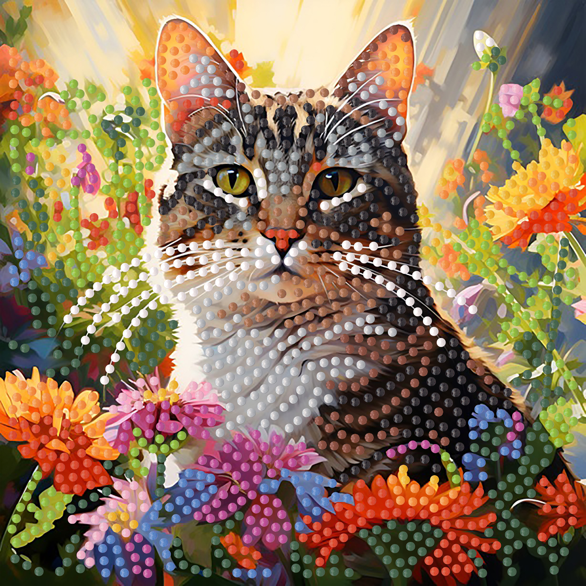 Алмазна мозаїка ПРЕМІУМ Кіт серед квітів на паперовій основі