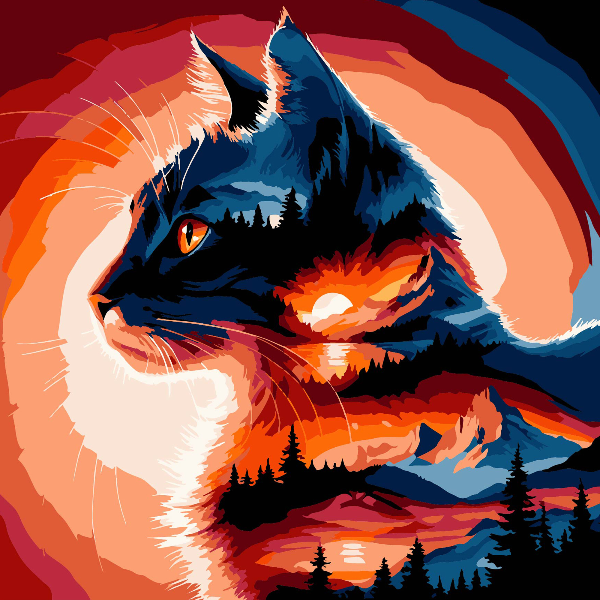 Картина за номерами ПРЕМІУМ Кіт на заході сонця на чорному фоні