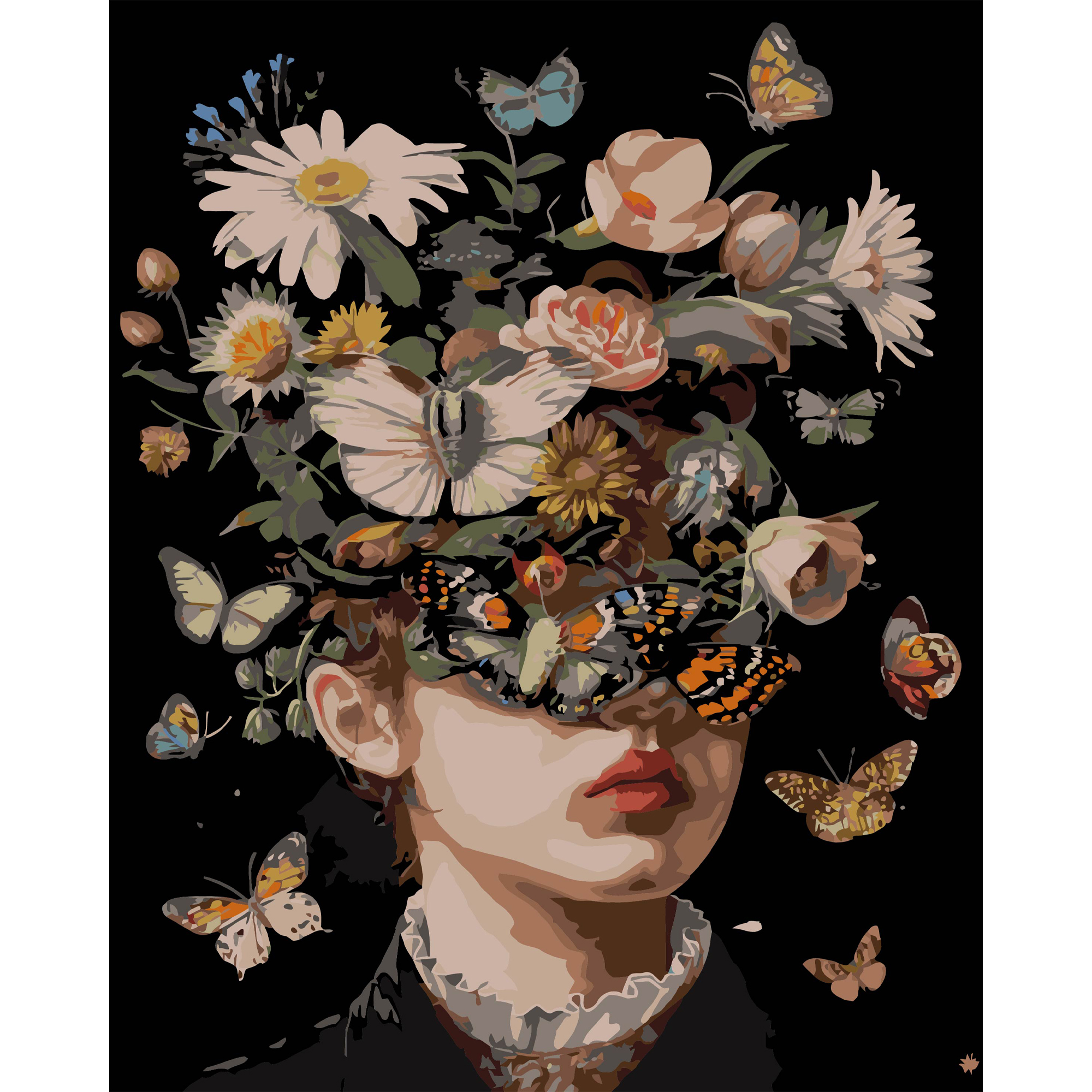 Картина за номерами ПРЕМІУМ Дівчина і метелики на чорному фоні