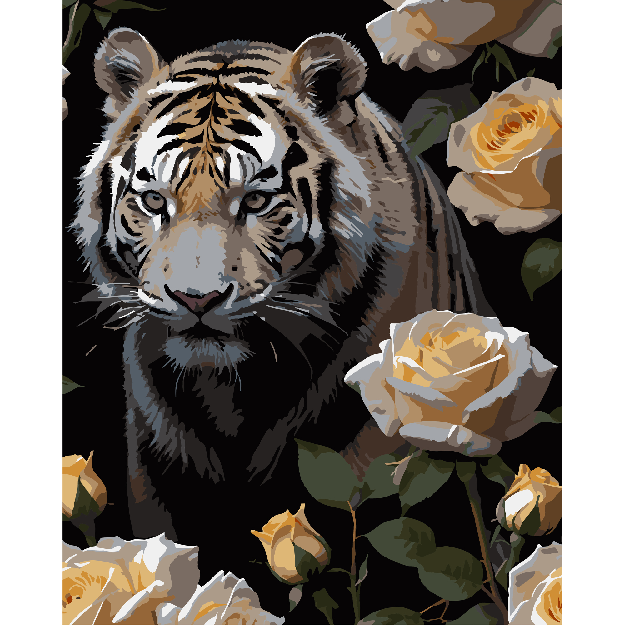 Картина за номерами ПРЕМІУМ Тигр у трояндах на чорному фоні