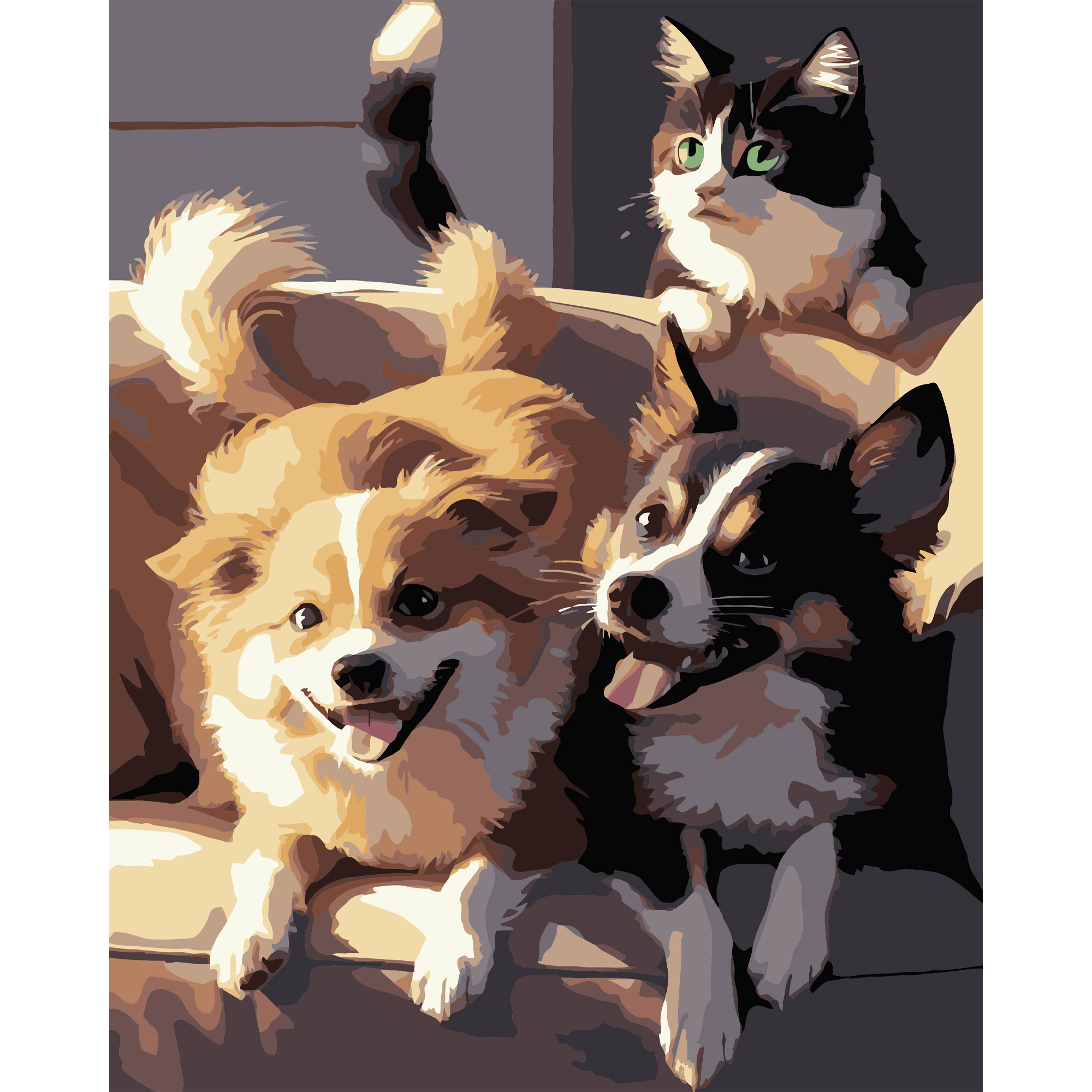 Картина по номерам ПРЕМИУМ Две собаки и кот на черном фоне