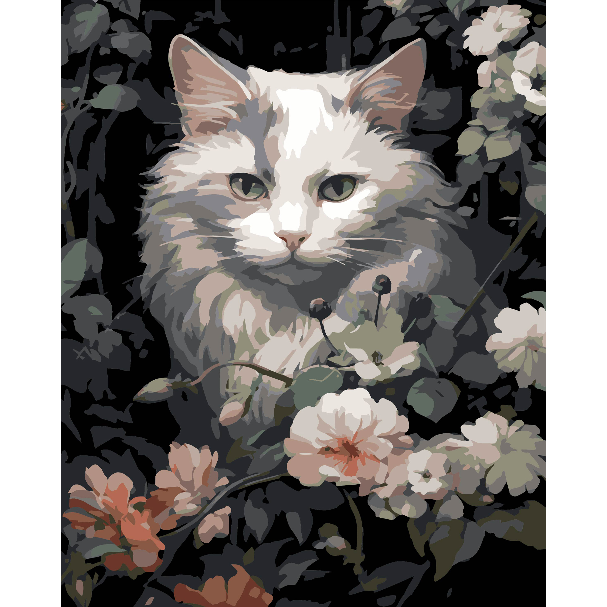 Картина за номерами ПРЕМІУМ Кіт у квітах на чорному фоні