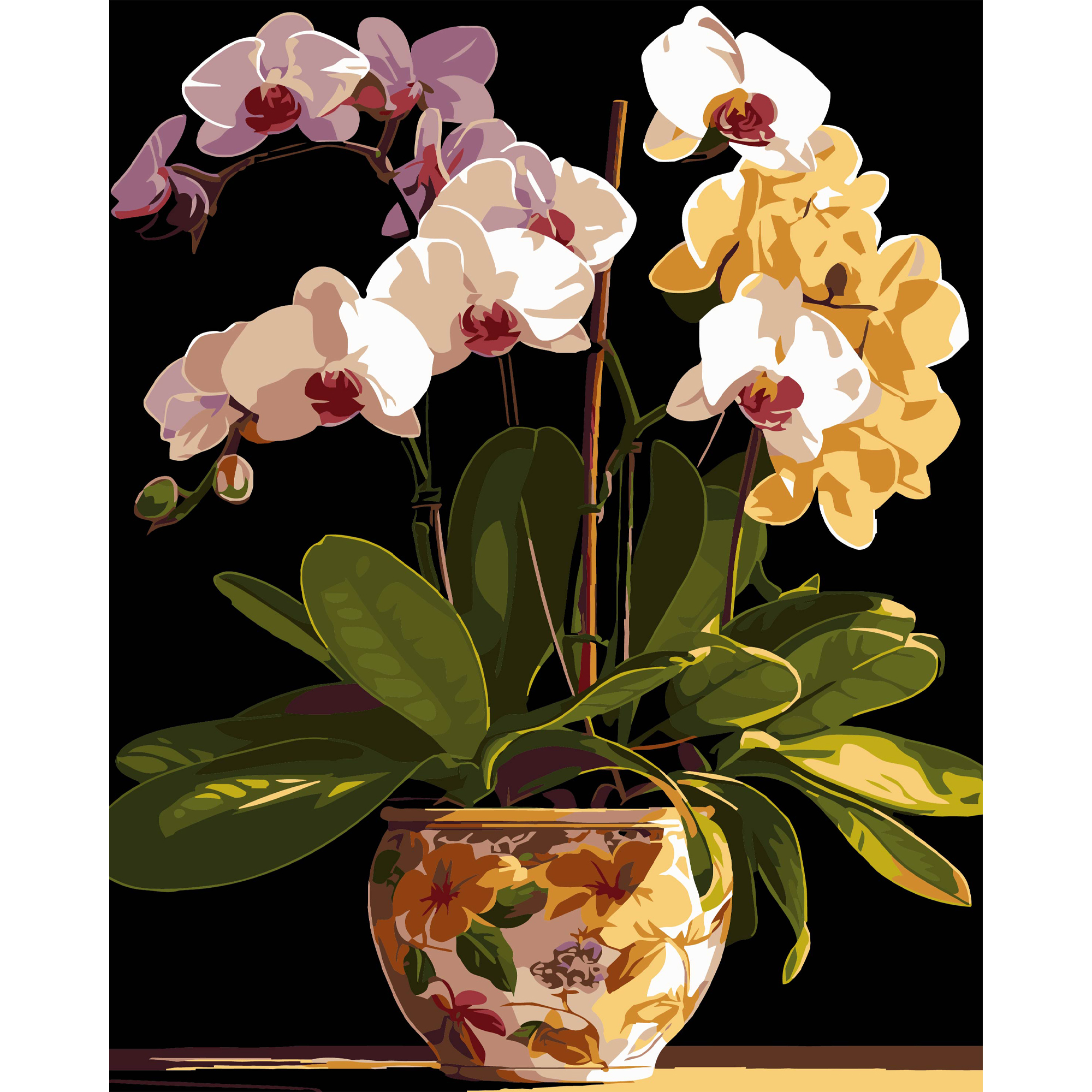 Картина за номерами ПРЕМІУМ Вазон орхідей на чорному фоні