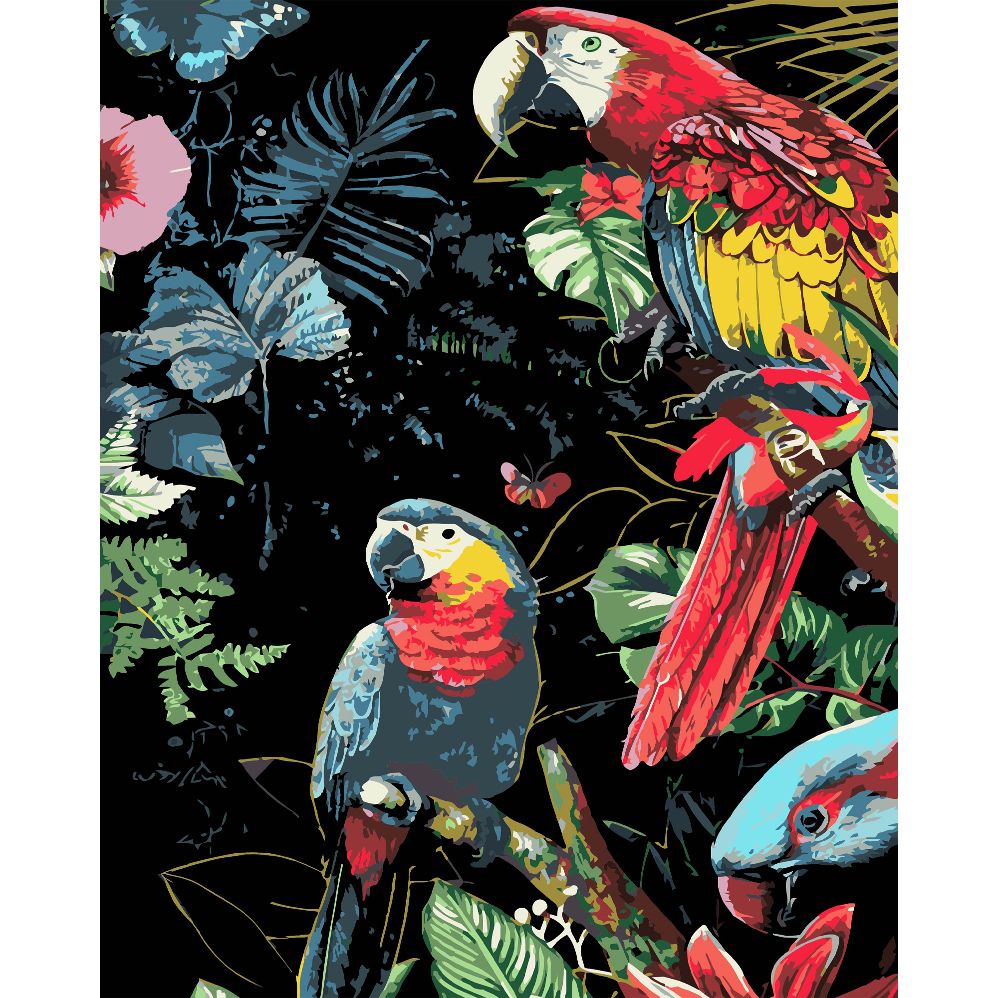 Картина за номерами ПРЕМІУМ Яскраві папуги на чорному фоні