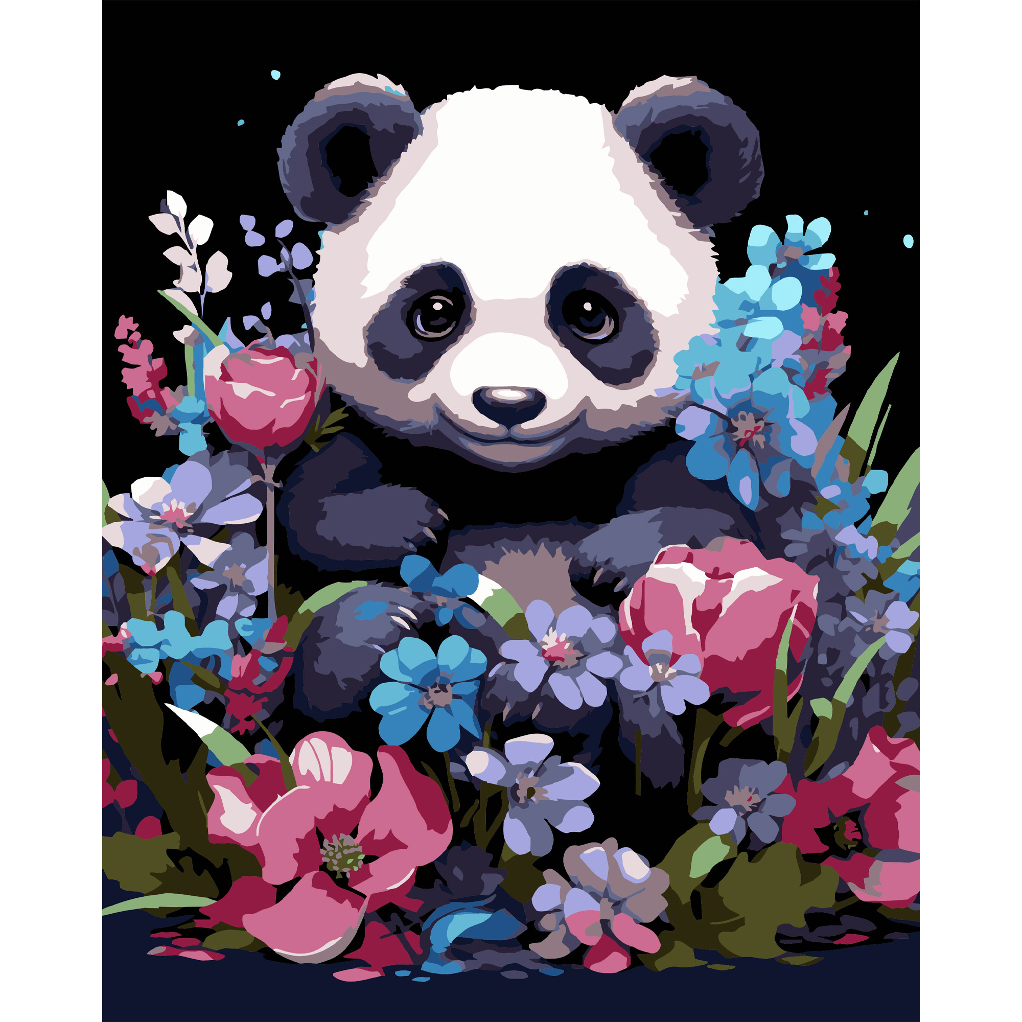 Картина за номерами ПРЕМІУМ Весняна панда на чорному фоні