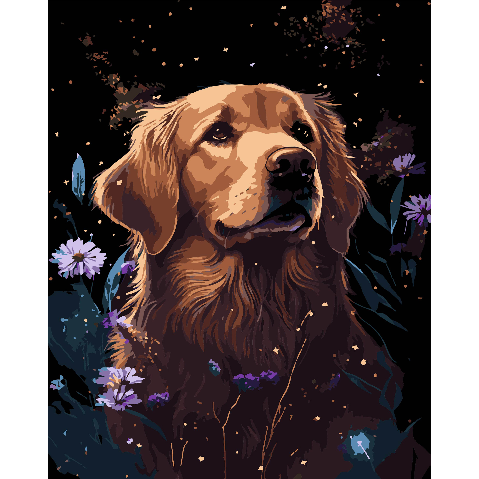 Картина за номерами ПРЕМІУМ Ретривер у квітах на чорному фоні