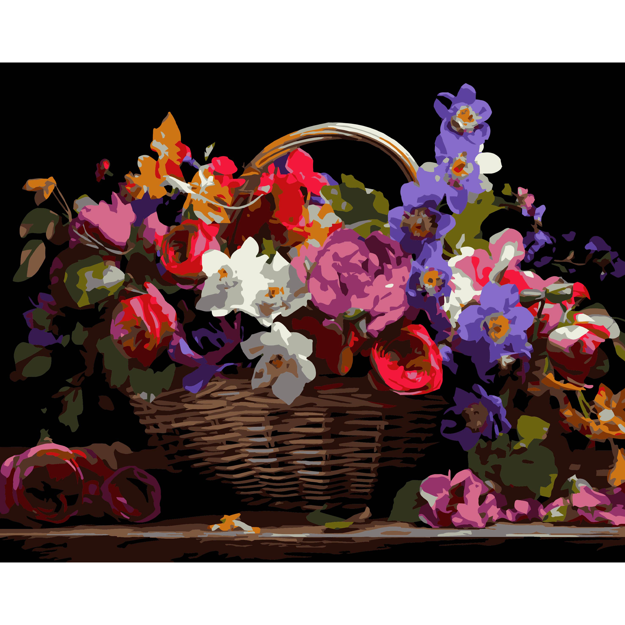 Картина за номерами ПРЕМІУМ Кошик різнокольорових квітів на чорному фоні