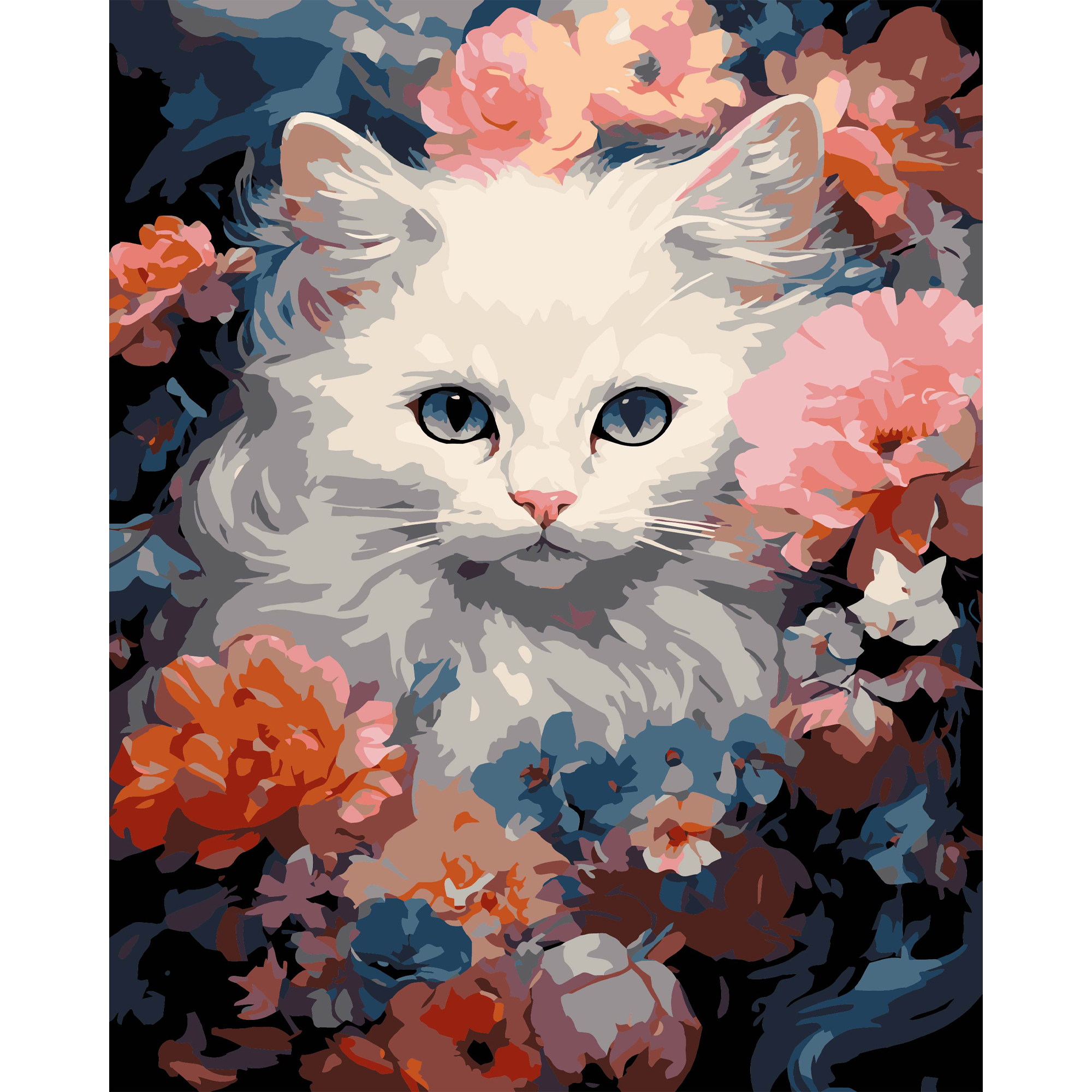 Картина за номерами ПРЕМІУМ Біла кішка на чорному фоні