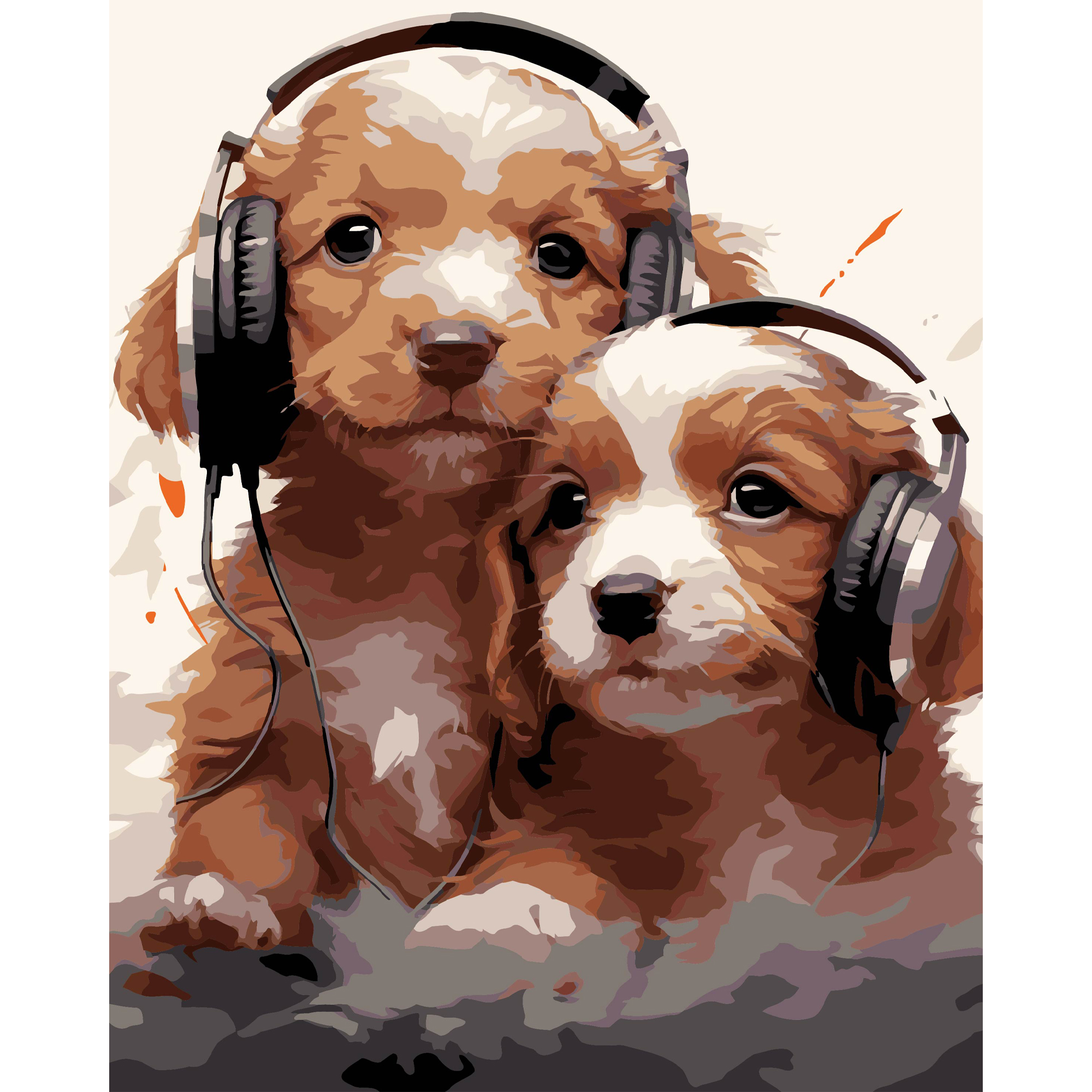 Картина за номерами ПРЕМІУМ Цуценята в навушниках на чорному фоні