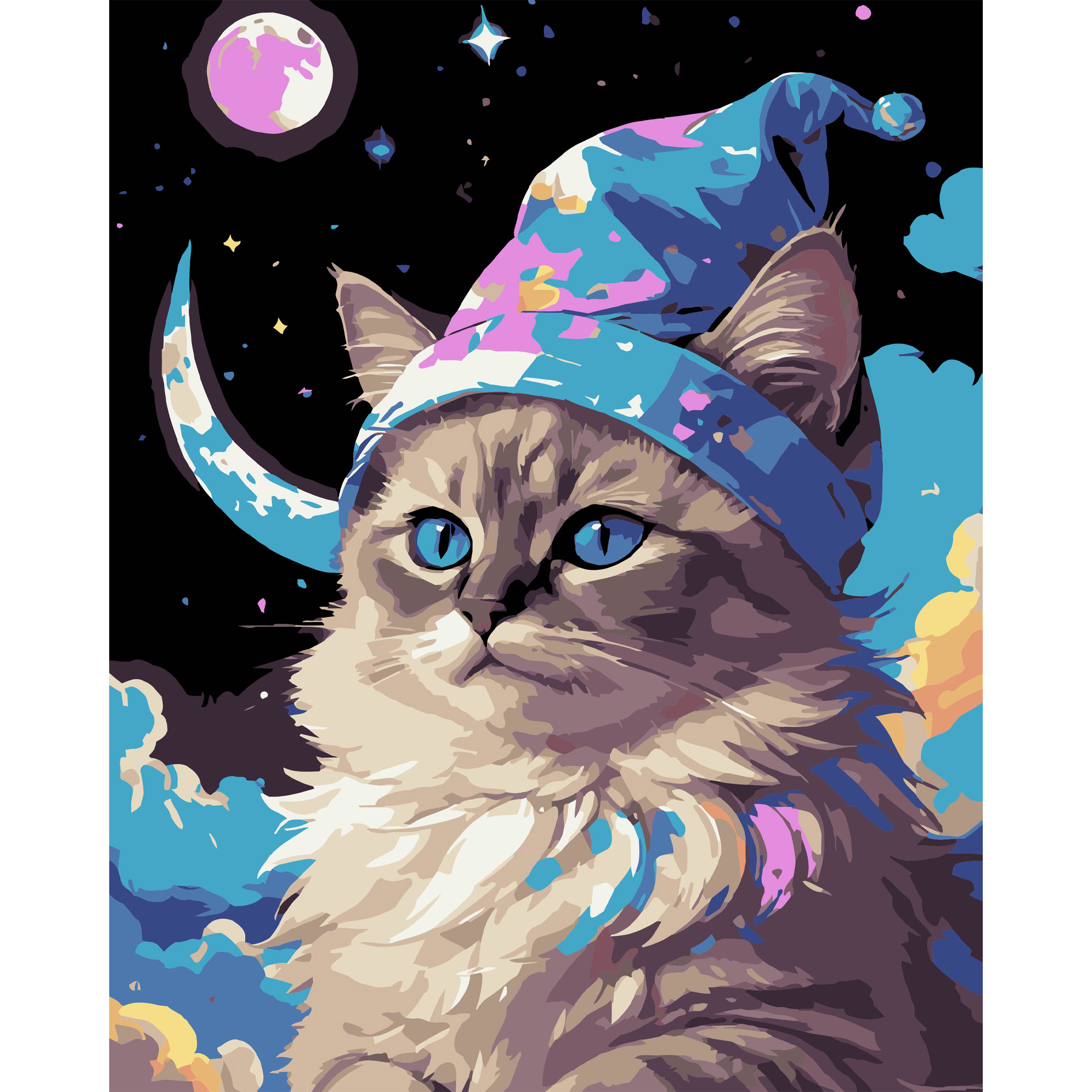 Картина за номерами ПРЕМІУМ Кіт серед зірок на чорному фоні