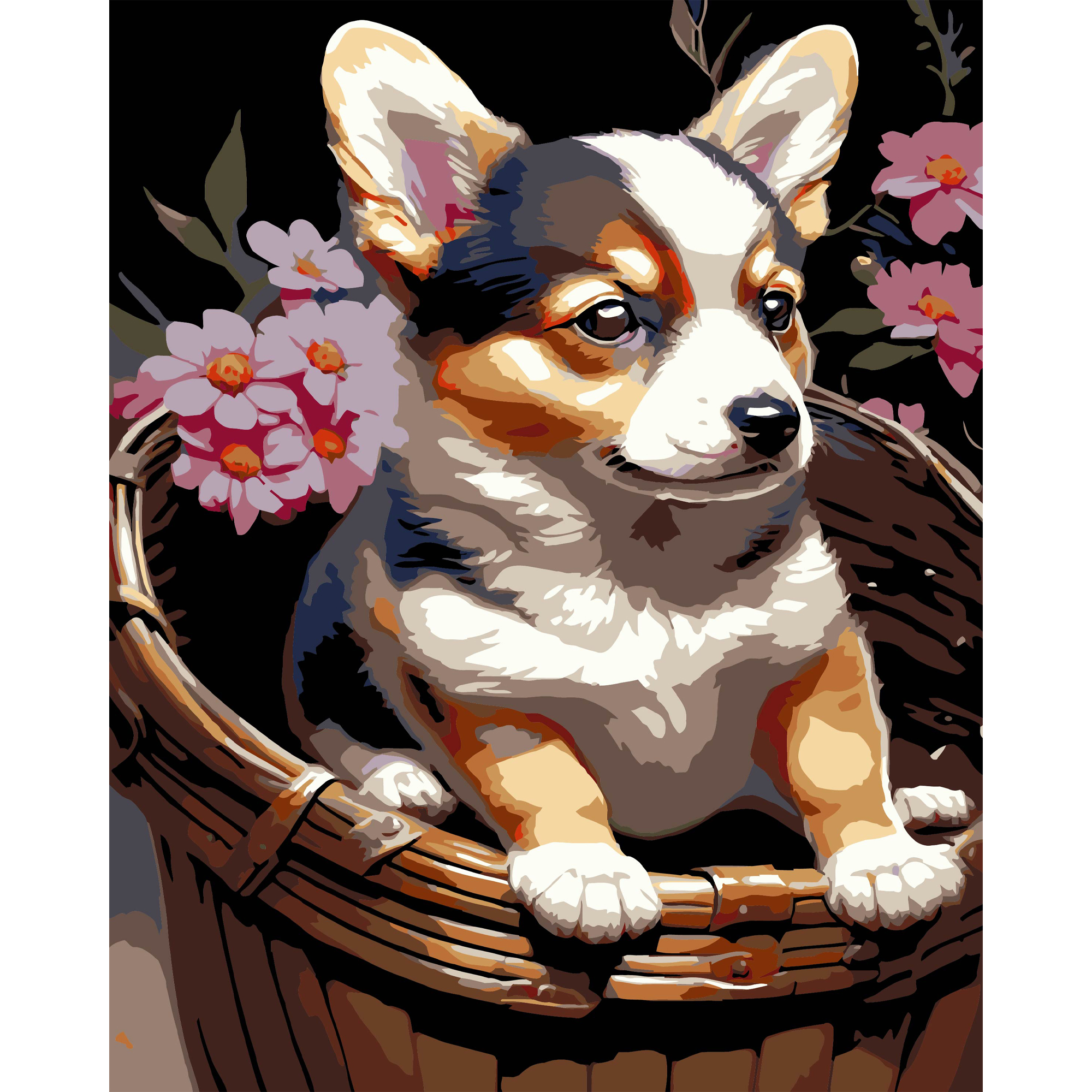 Картина за номерами ПРЕМІУМ Цуценя у кошику на чорному фоні