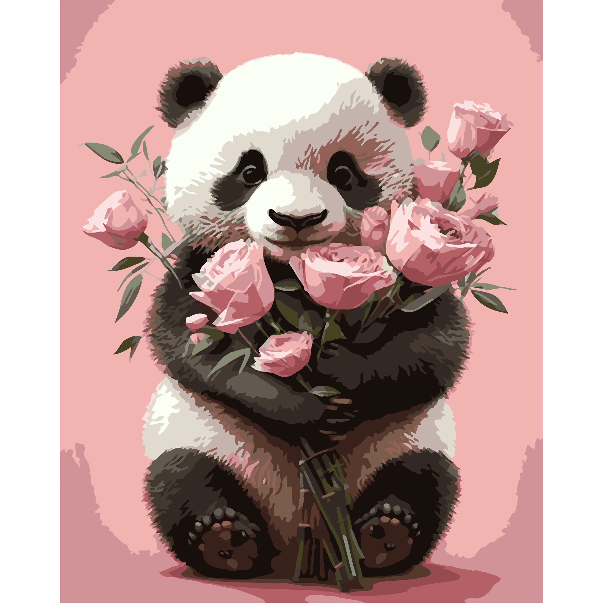 Panda with a bouquet of roses on a black background size