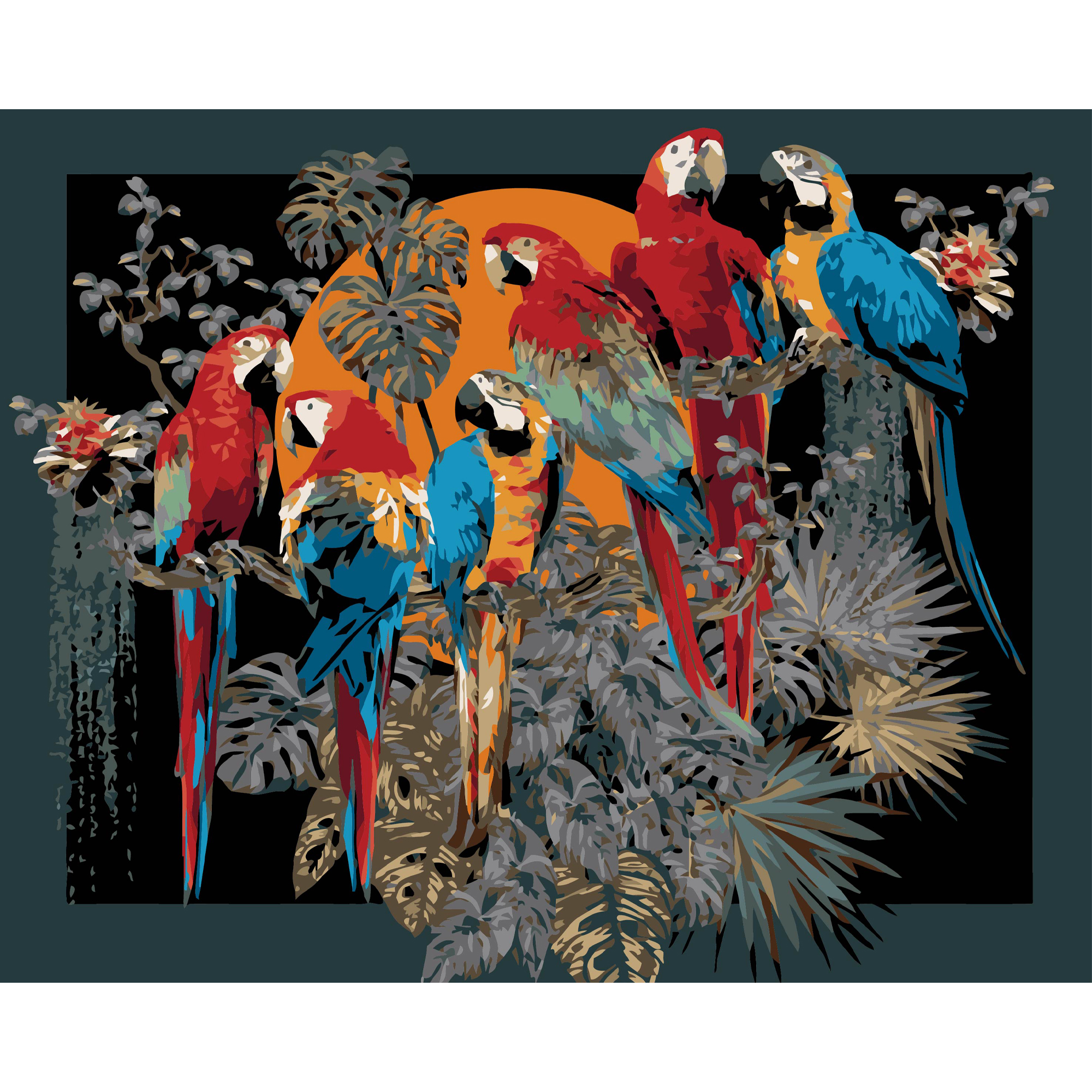 Картина за номерами ПРЕМІУМ Зграя папуг на чорному фоні