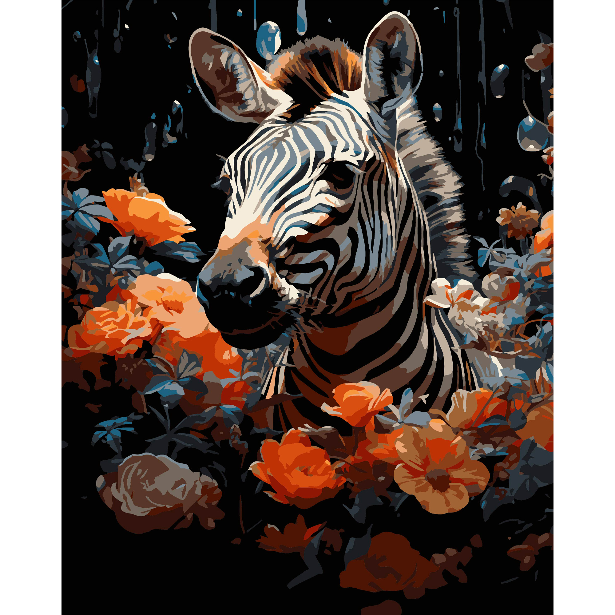 Картина за номерами ПРЕМІУМ Зебра у квітах на чорному фоні