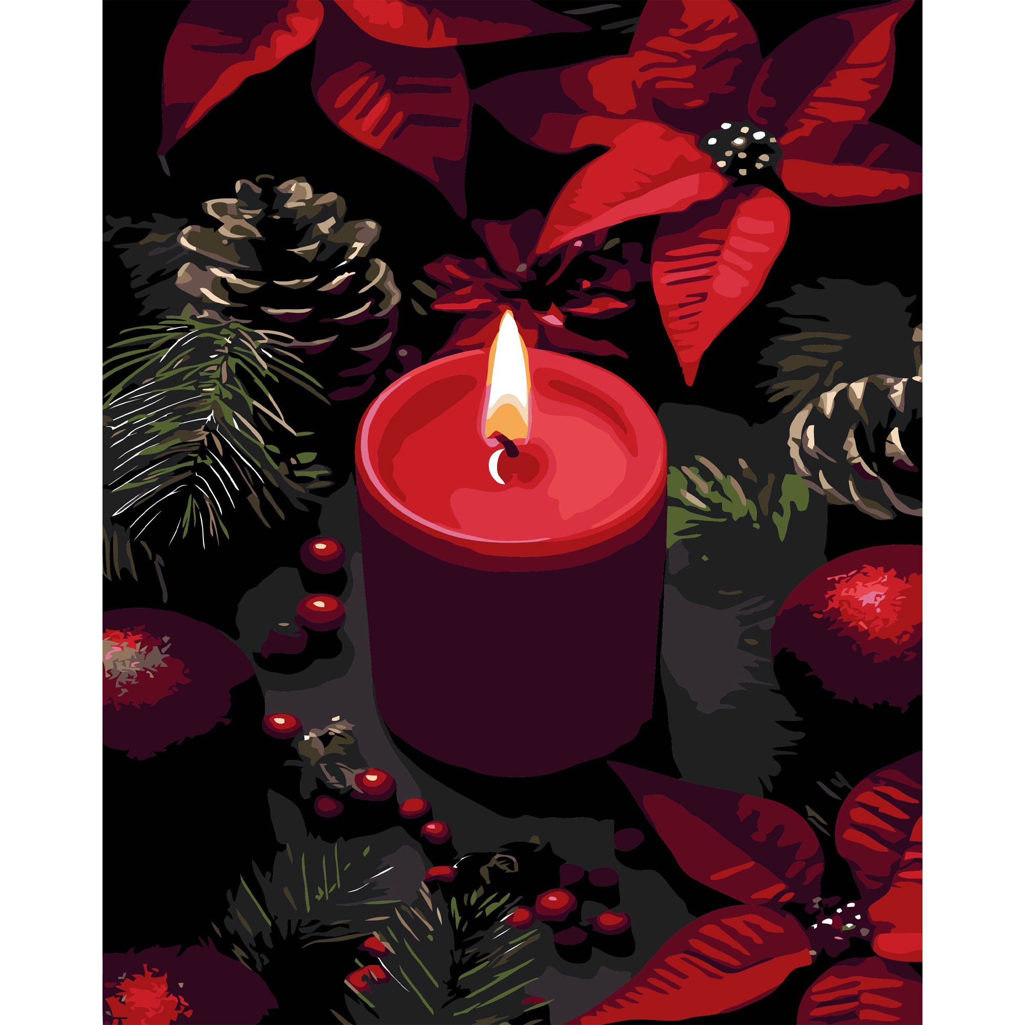 Candle and Christmas decorations on a black background size